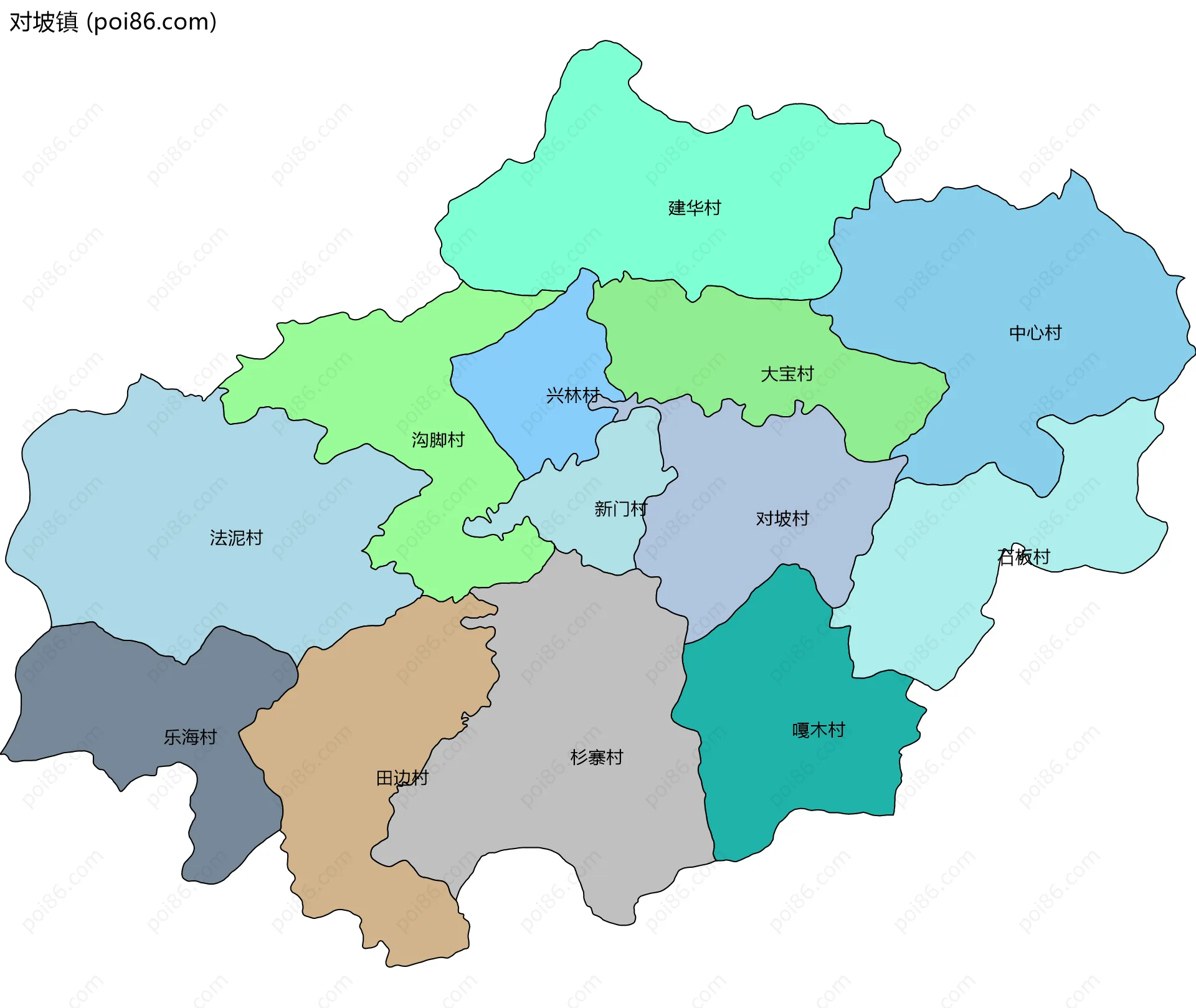 对坡镇边界地图(五级行政区划)
