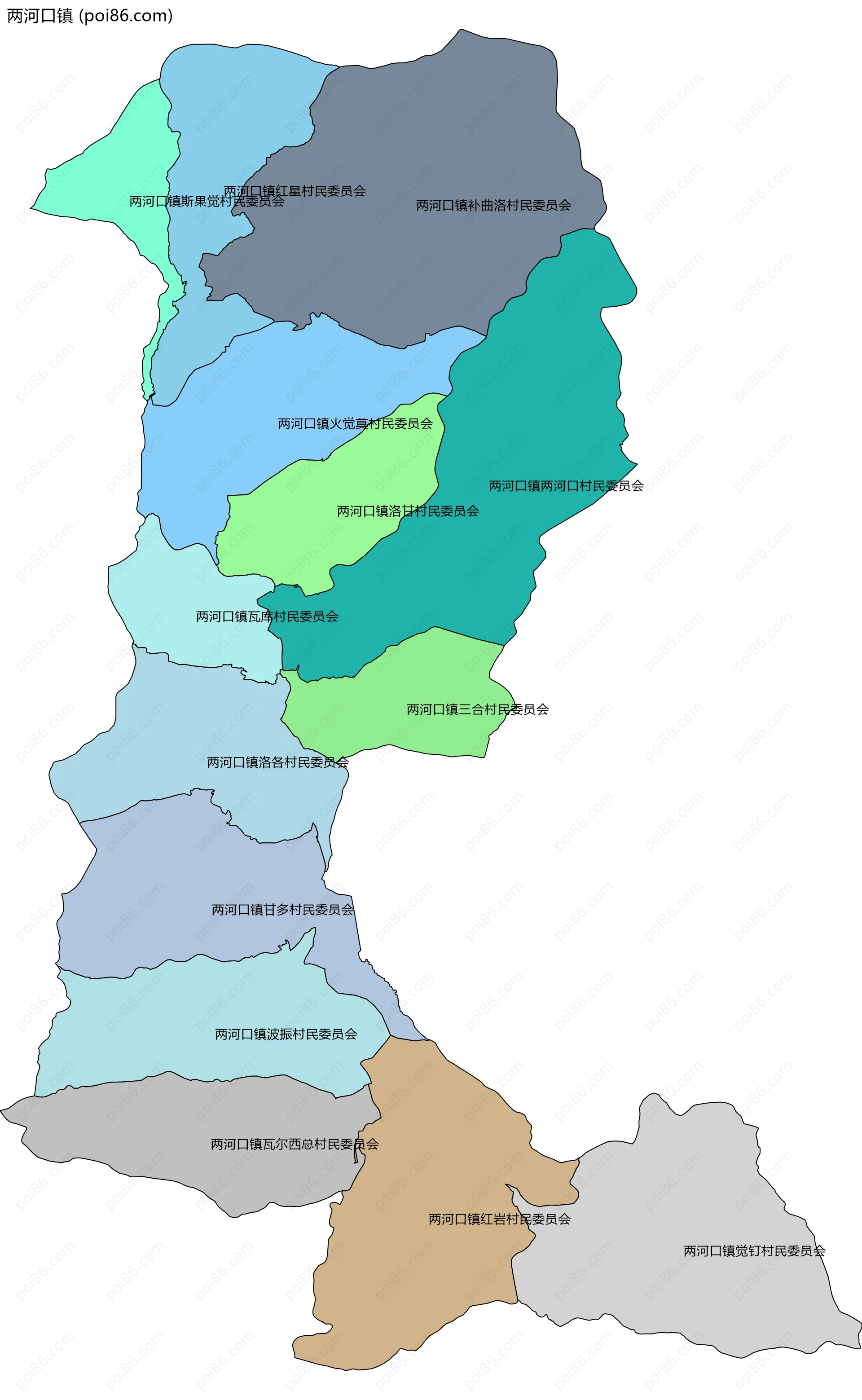 两河口镇边界地图(五级行政区划)