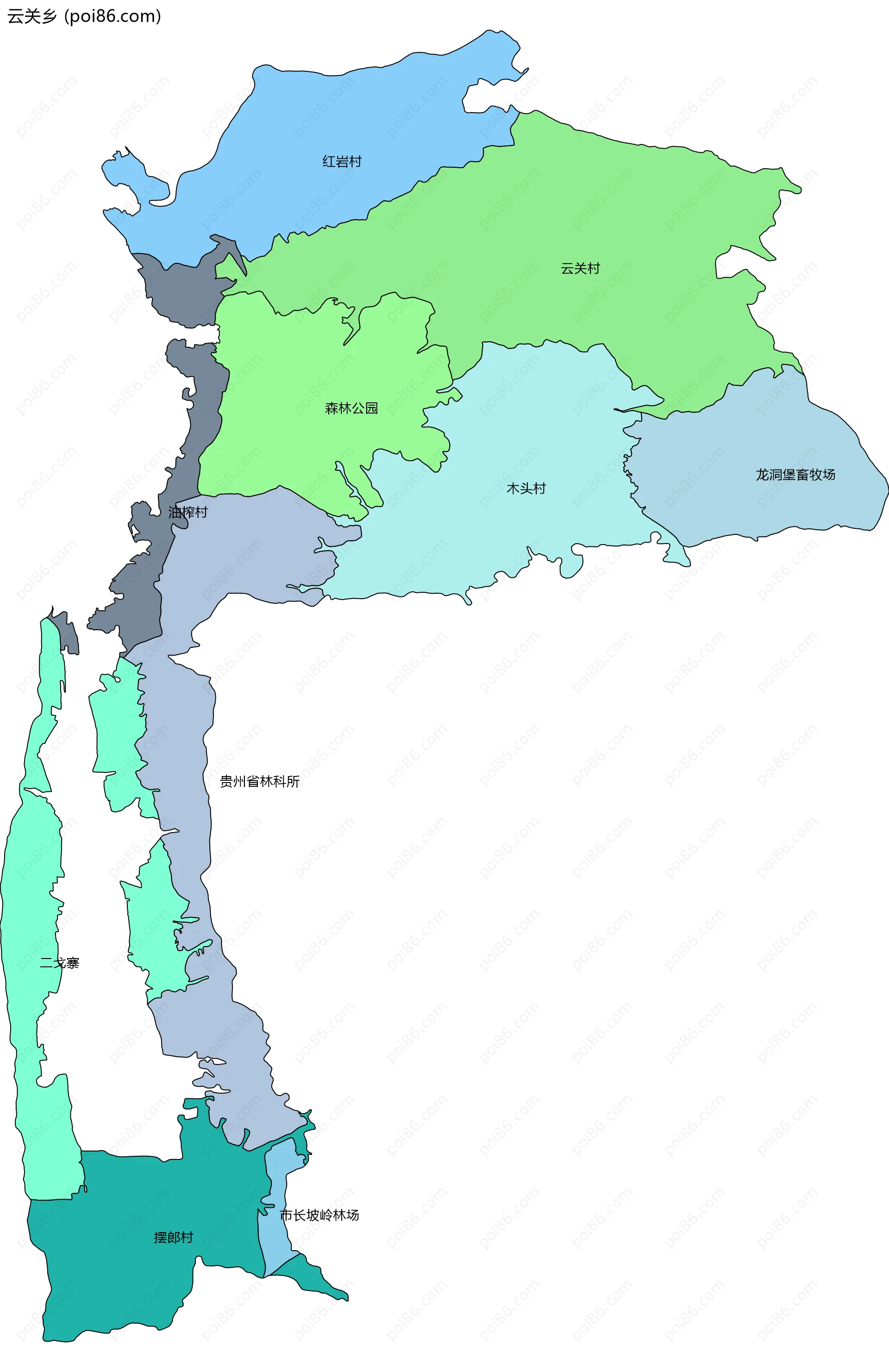 云关乡边界地图(五级行政区划)