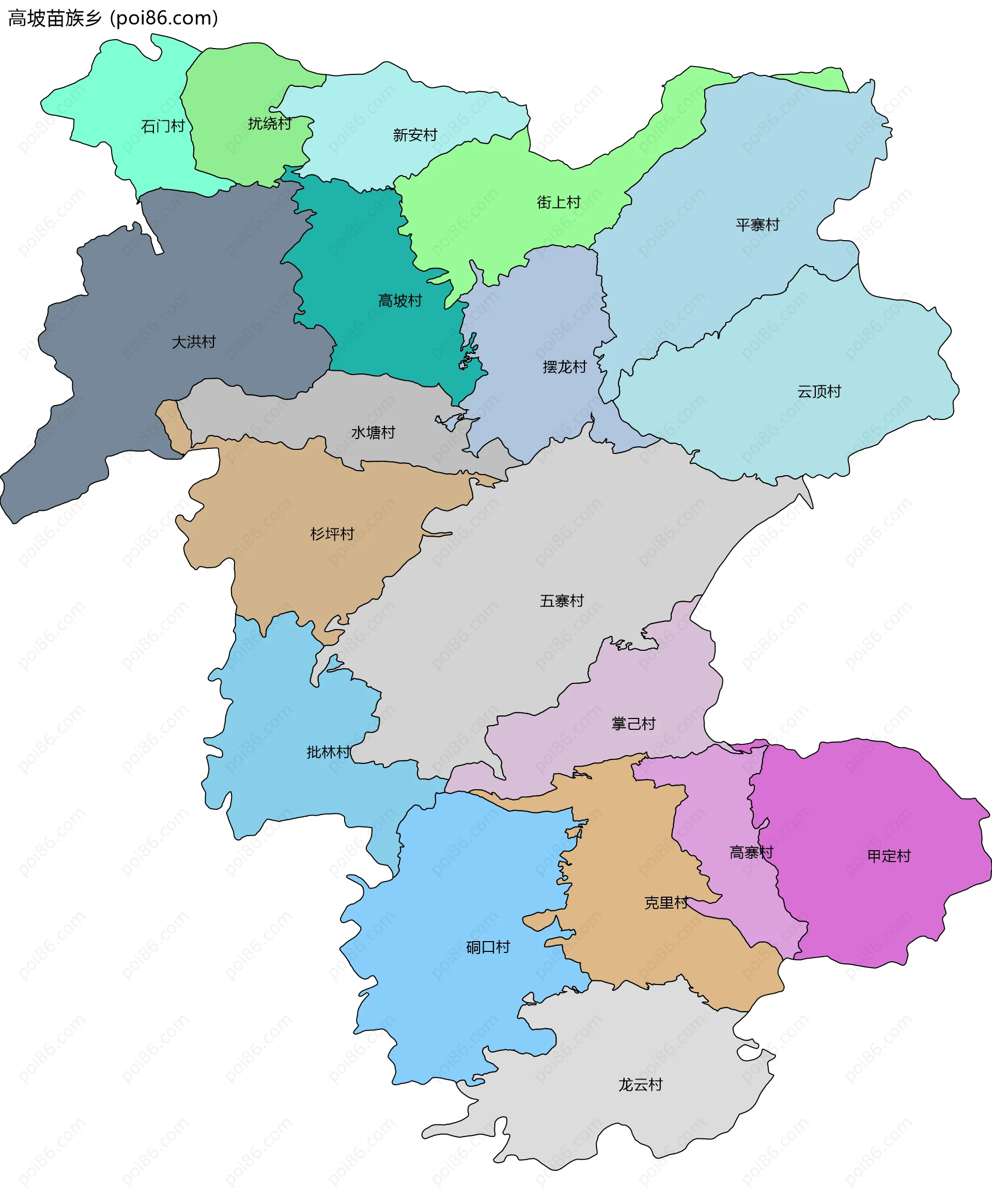 高坡苗族乡边界地图(五级行政区划)