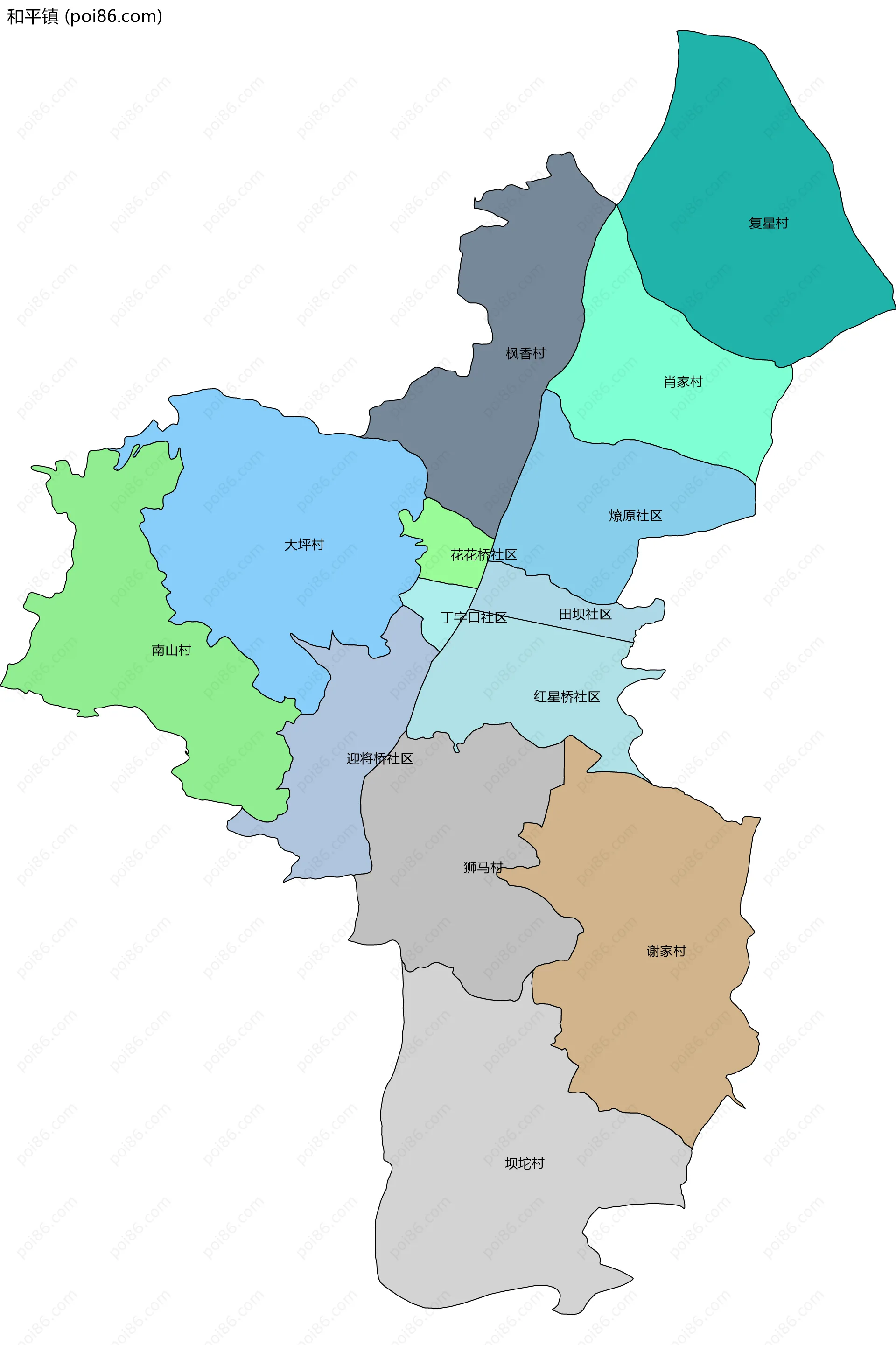 和平镇边界地图(五级行政区划)