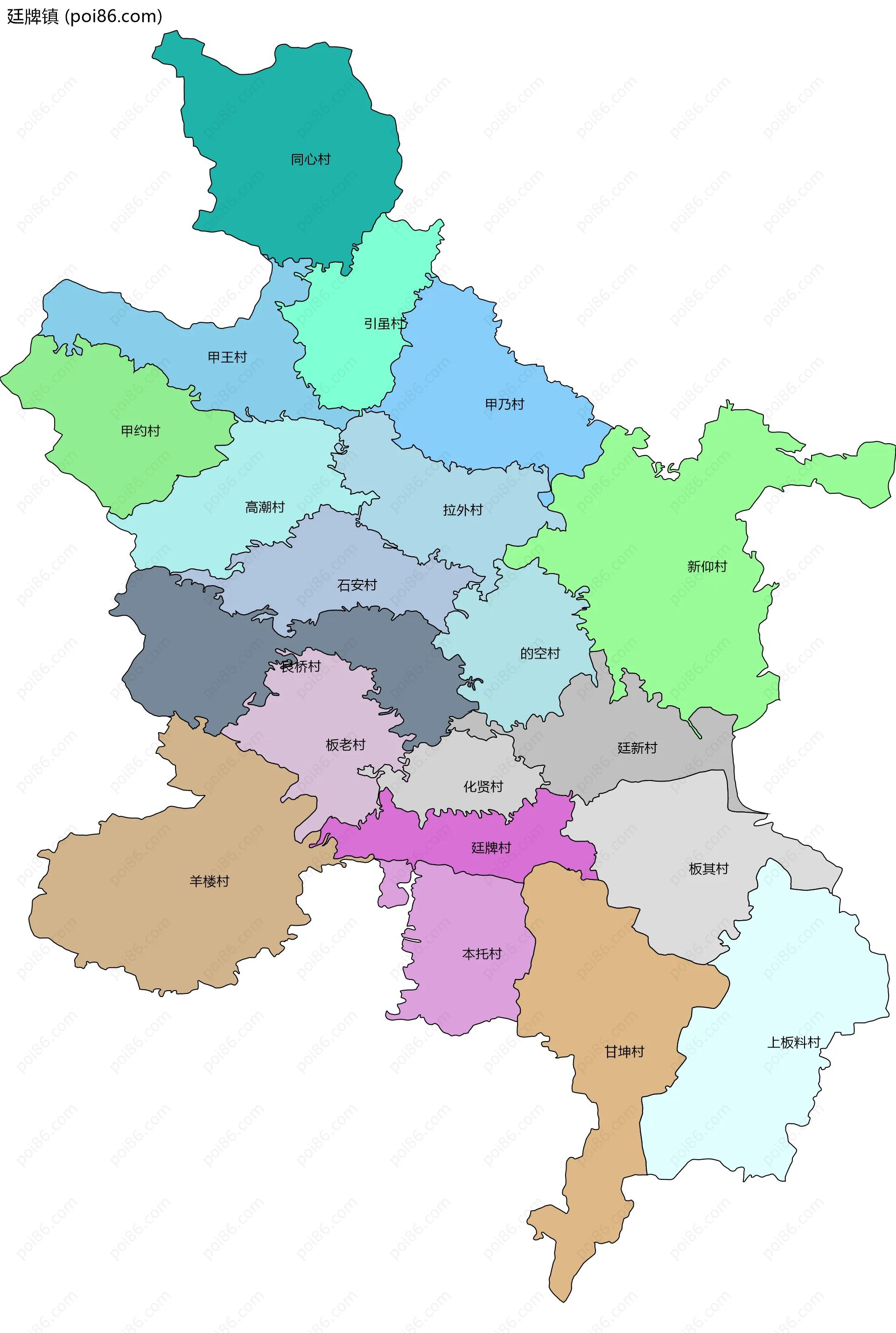 廷牌镇边界地图(五级行政区划)