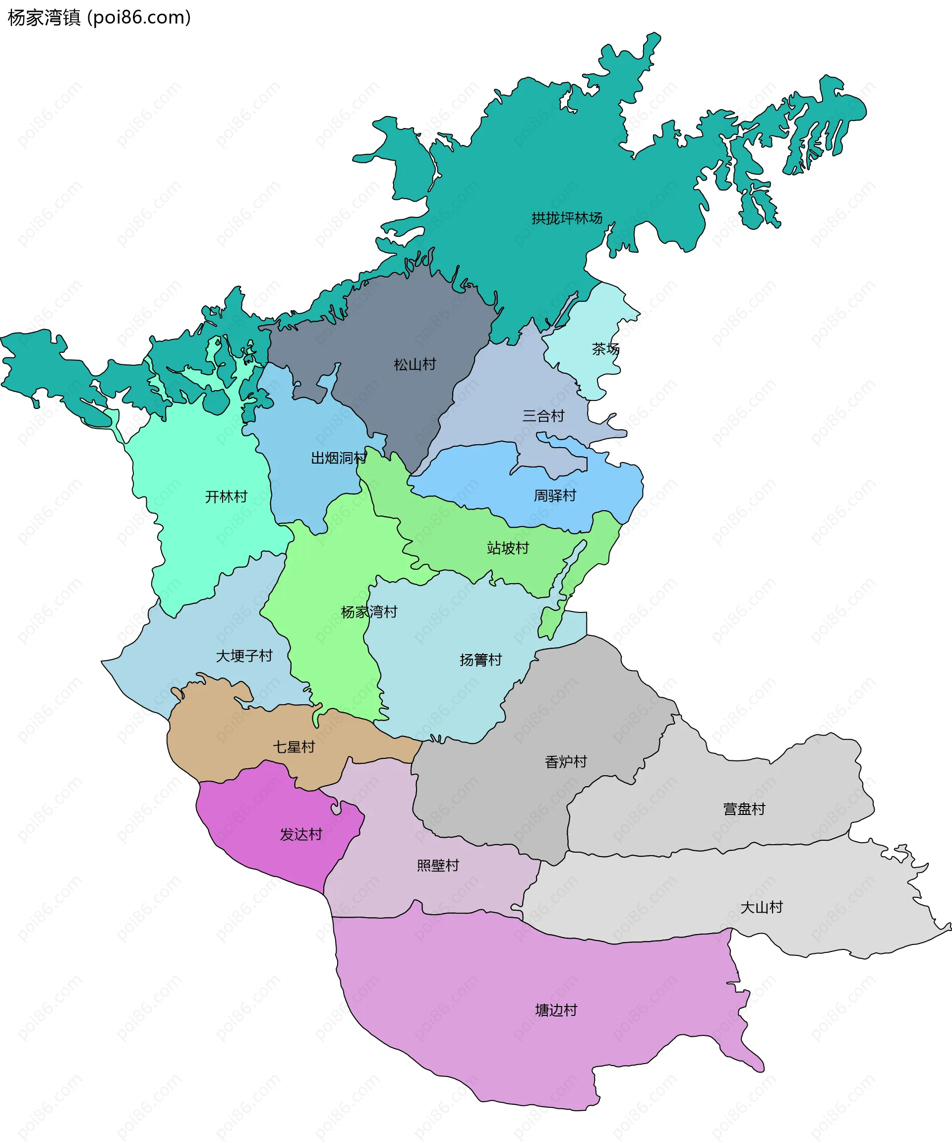 杨家湾镇边界地图(五级行政区划)