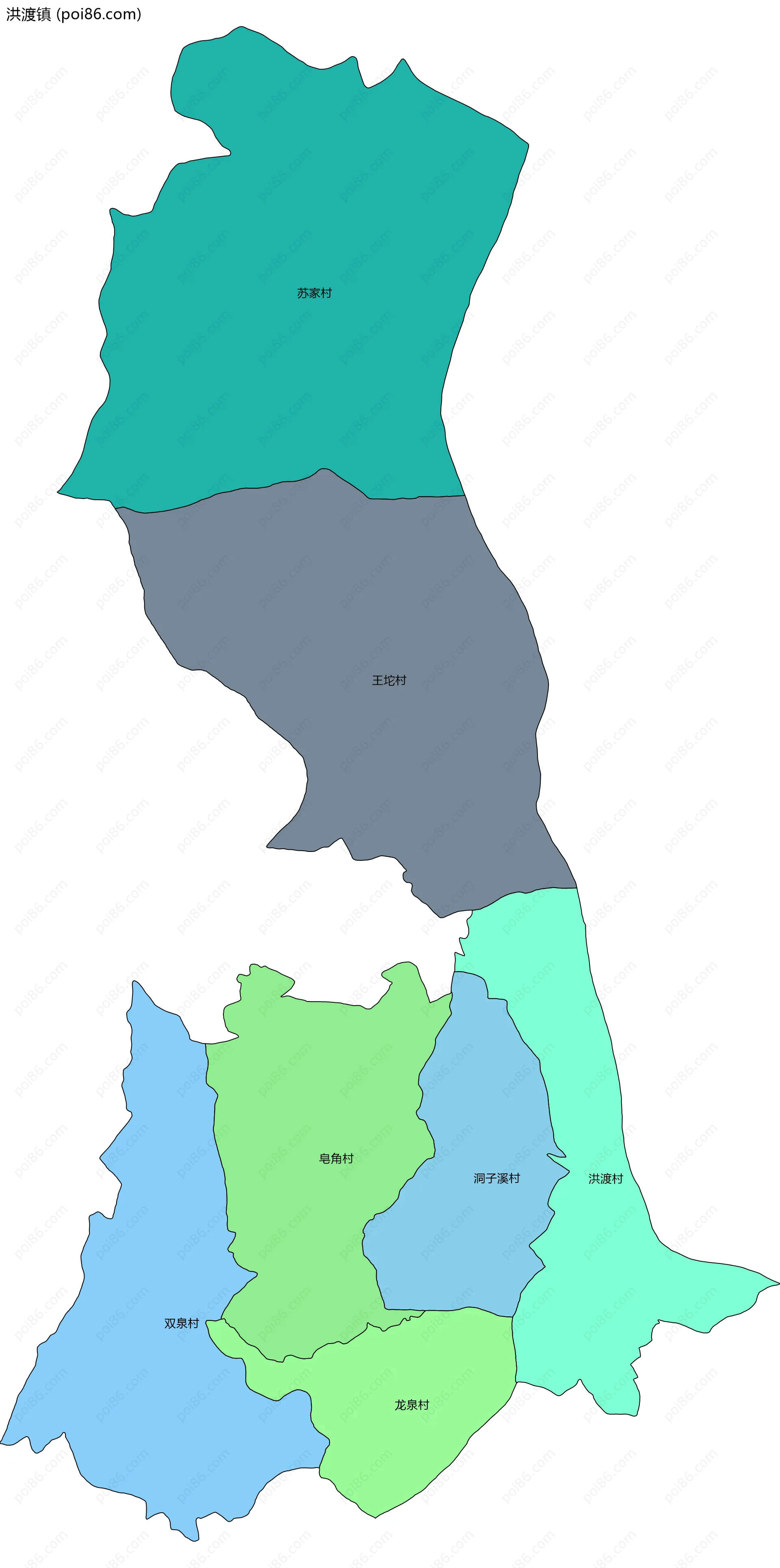 洪渡镇边界地图(五级行政区划)