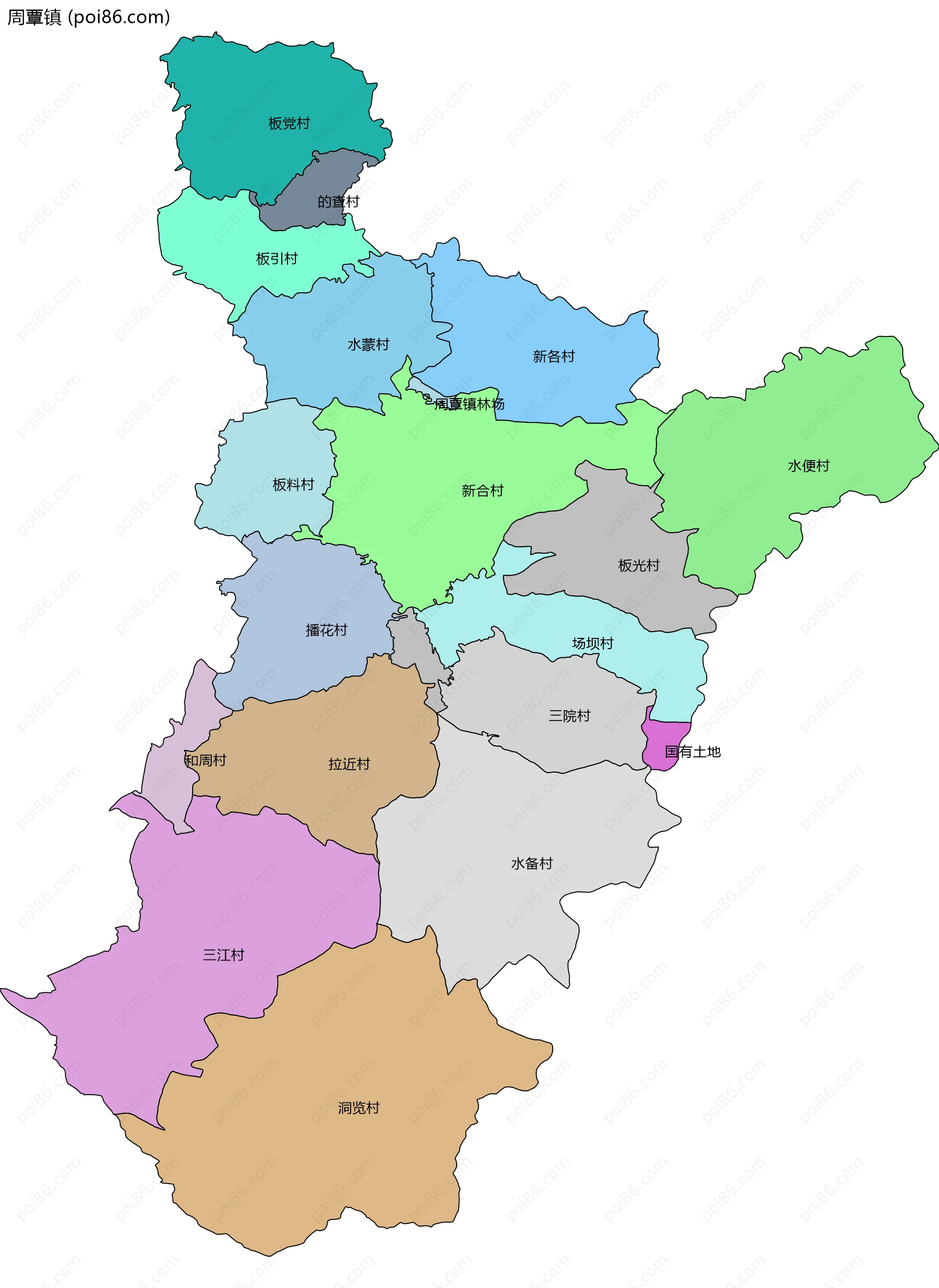 周覃镇边界地图(五级行政区划)