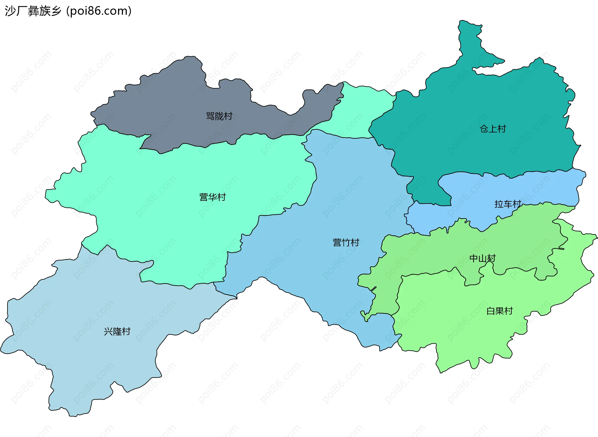 沙厂彝族乡边界地图(五级行政区划)