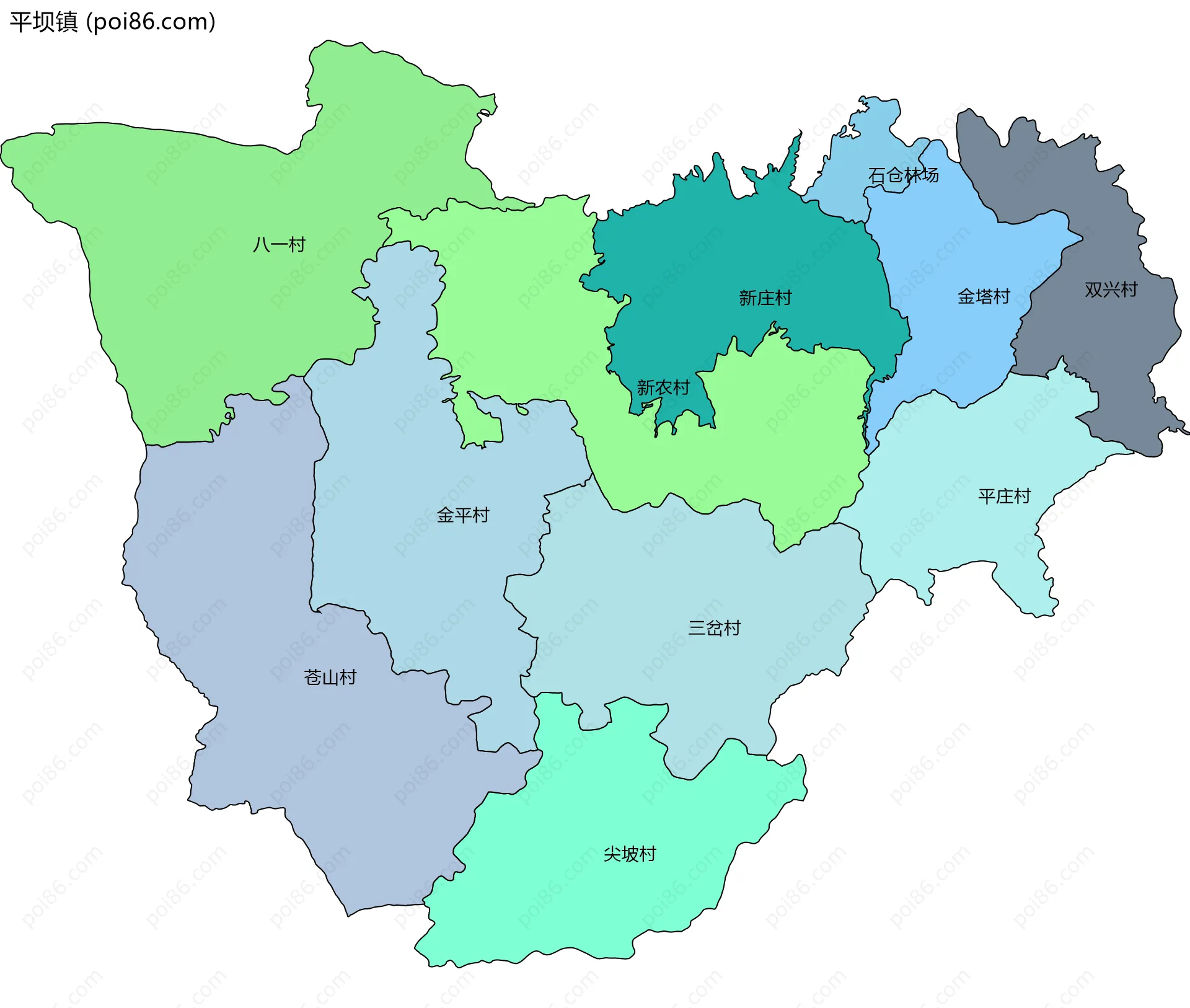 平坝镇边界地图(五级行政区划)