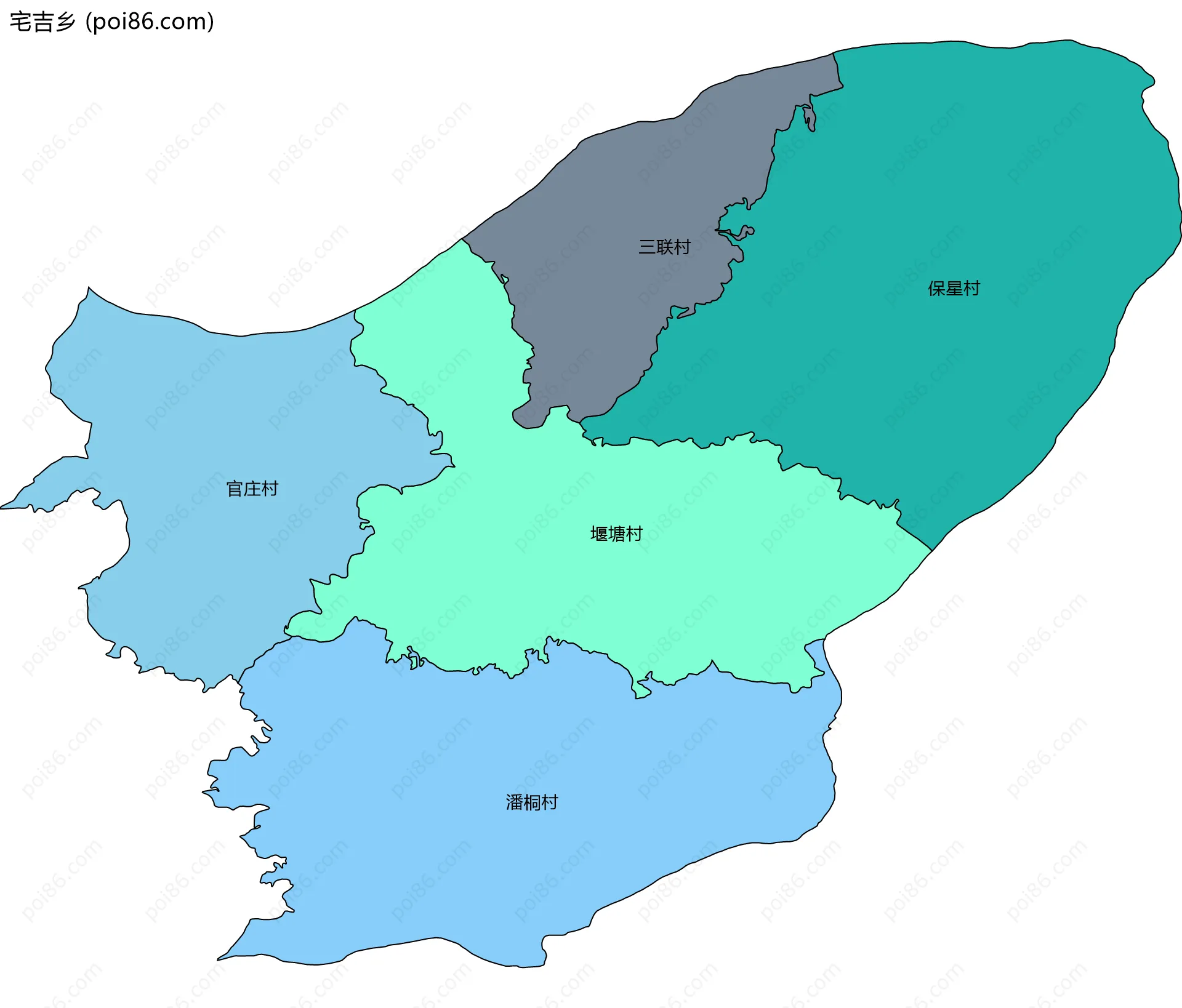 宅吉乡边界地图(五级行政区划)