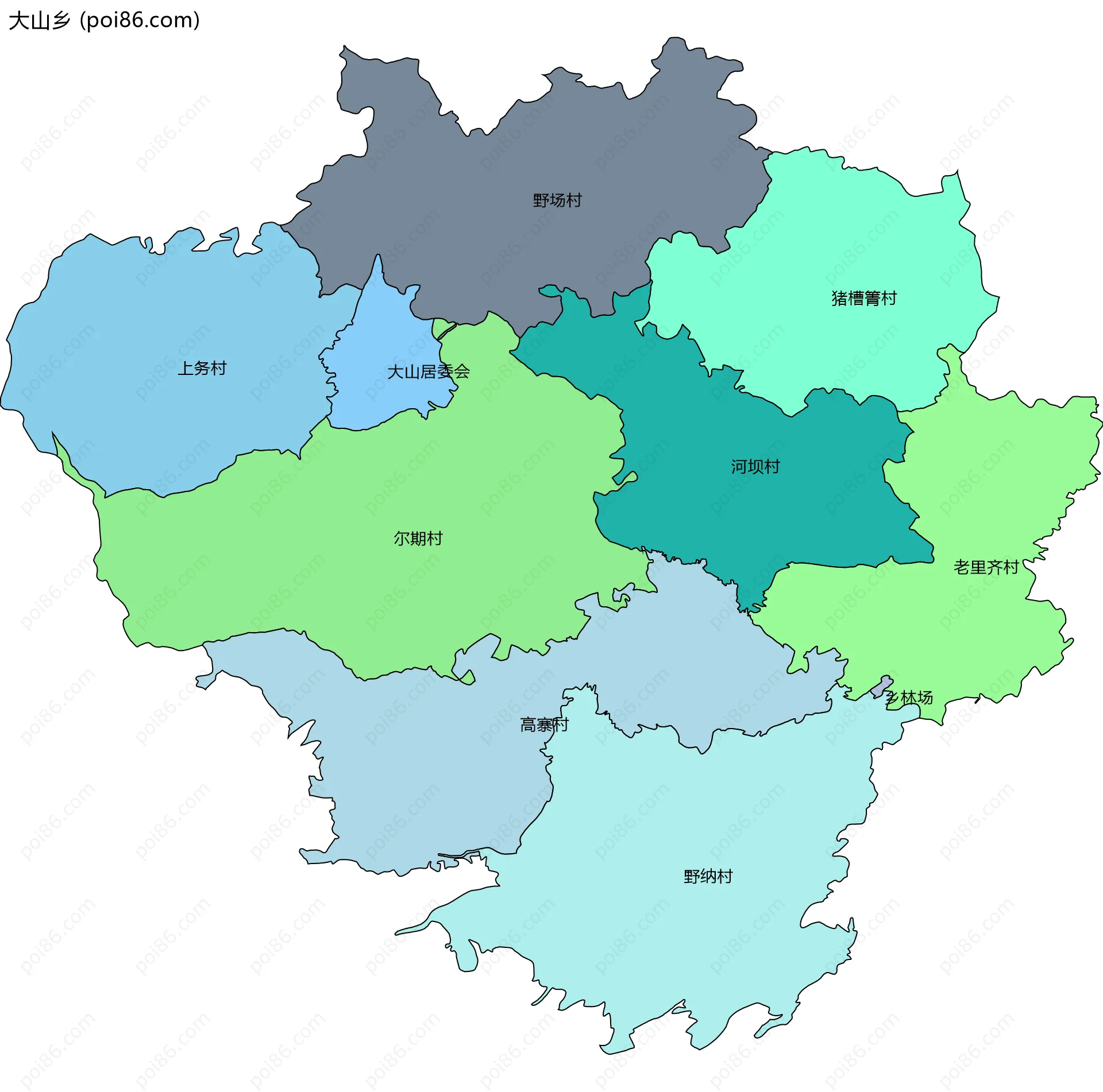 大山乡边界地图(五级行政区划)