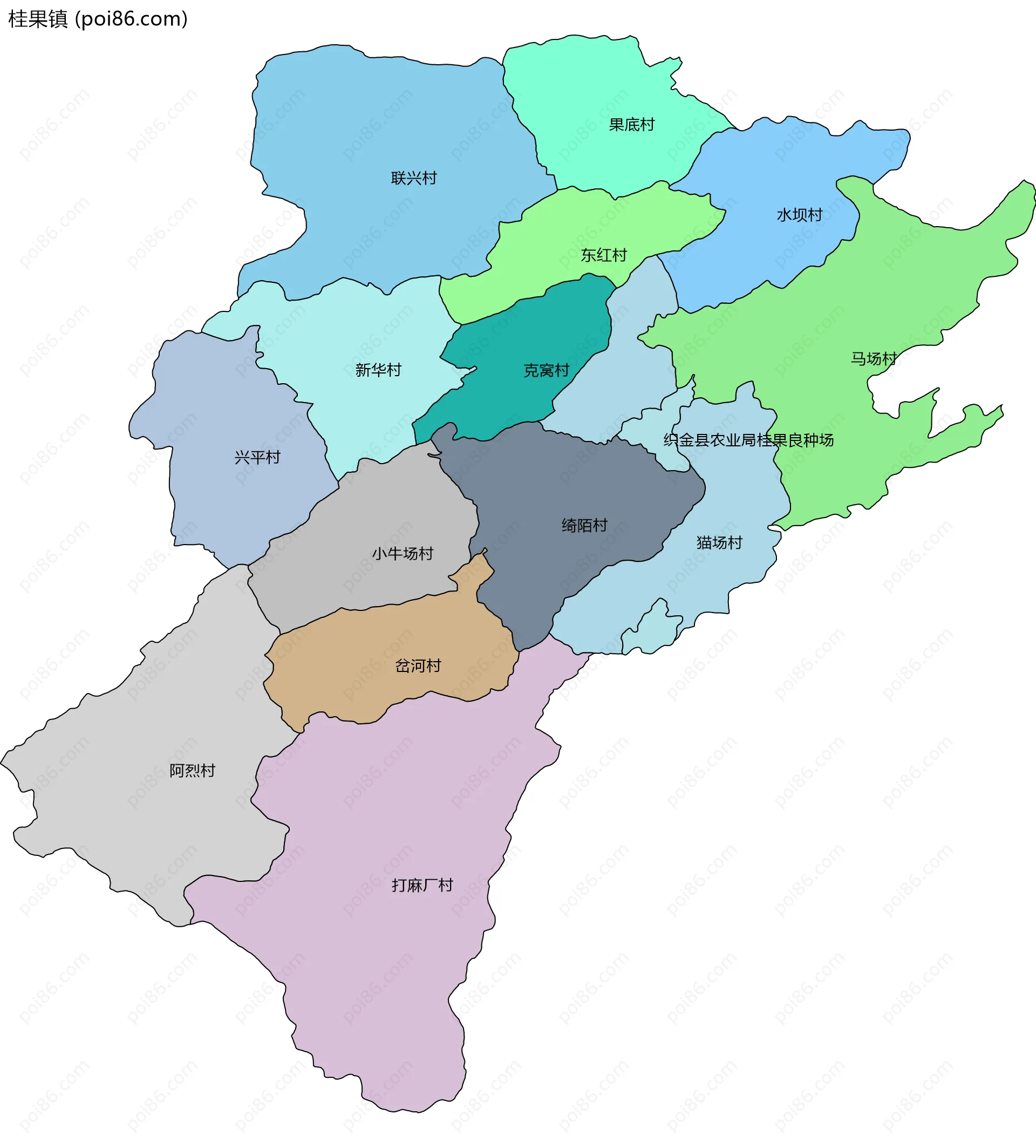 桂果镇边界地图(五级行政区划)