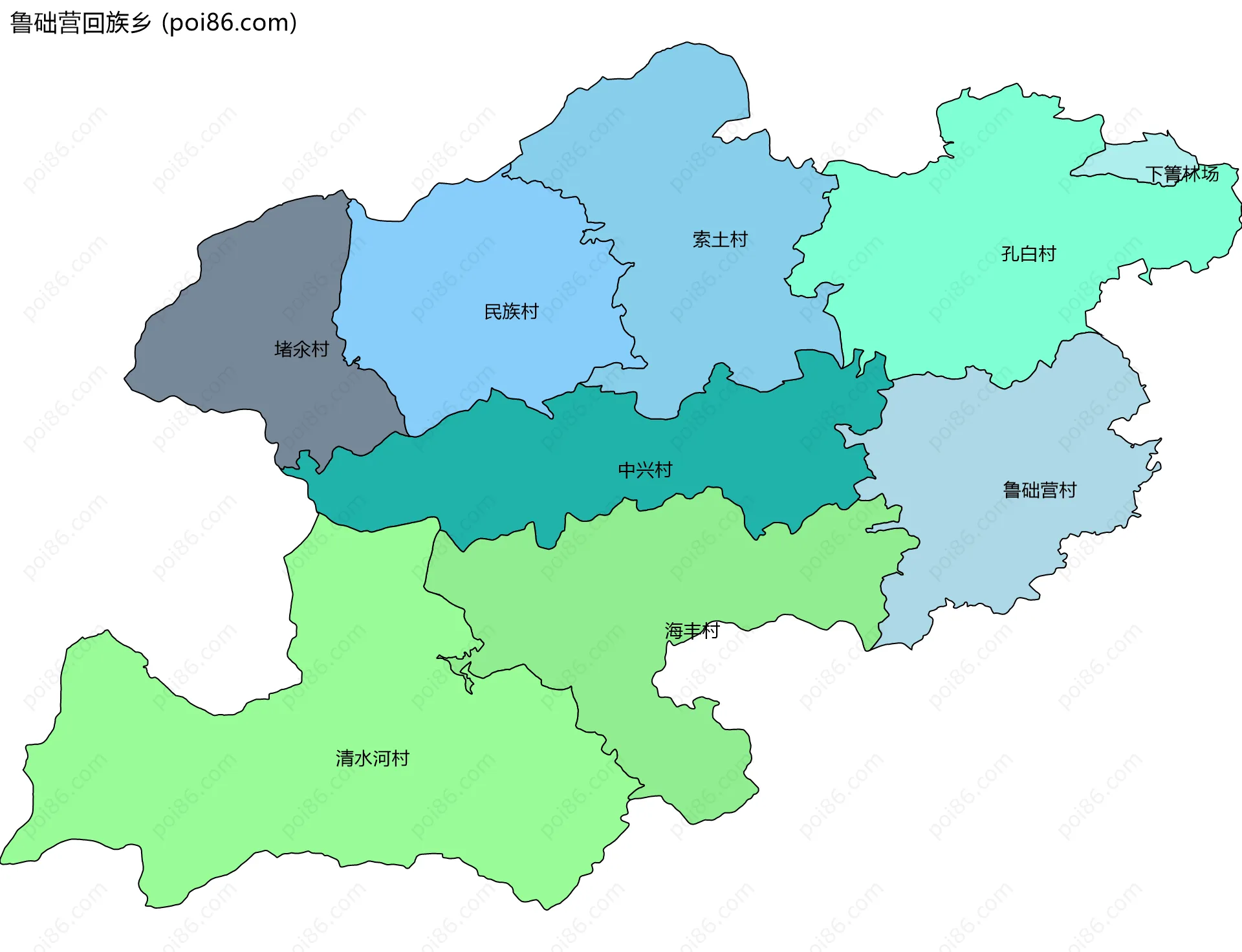 鲁础营回族乡边界地图(五级行政区划)