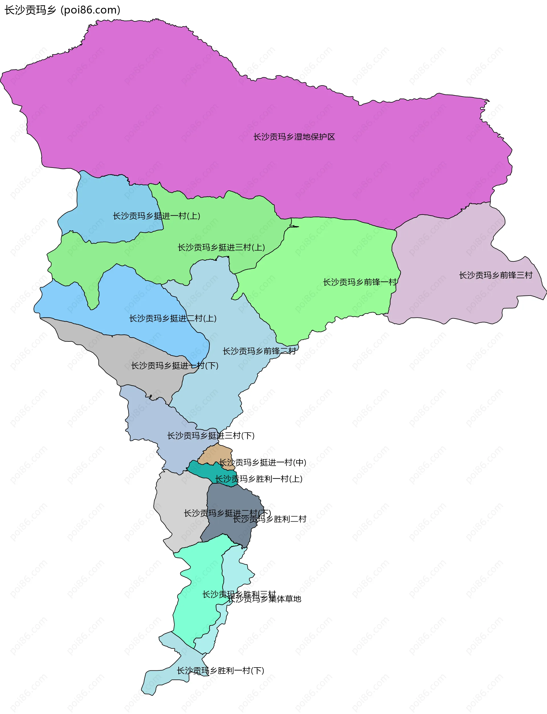 长沙贡玛乡边界地图(五级行政区划)