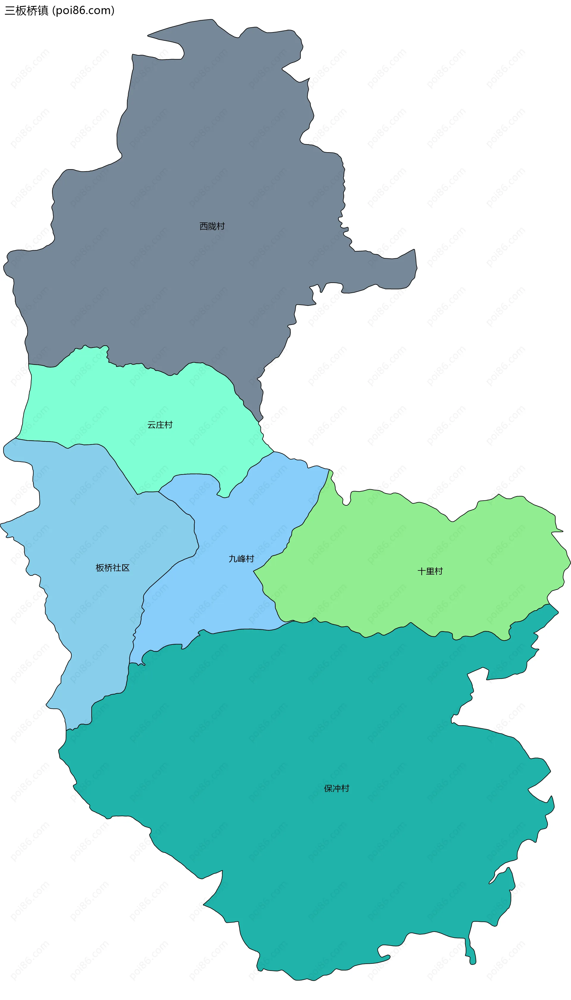 三板桥镇边界地图(五级行政区划)