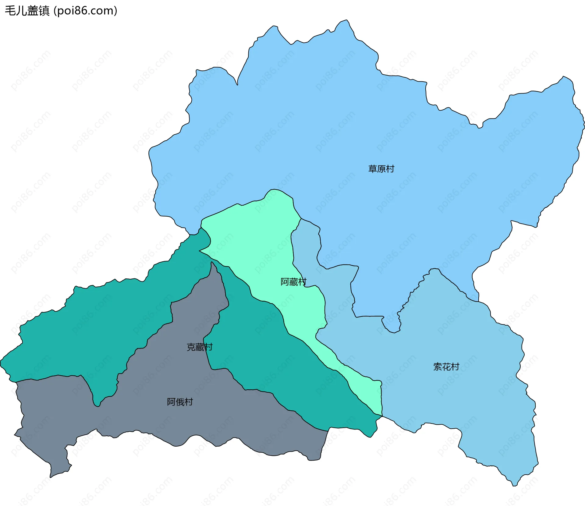 毛儿盖镇边界地图(五级行政区划)