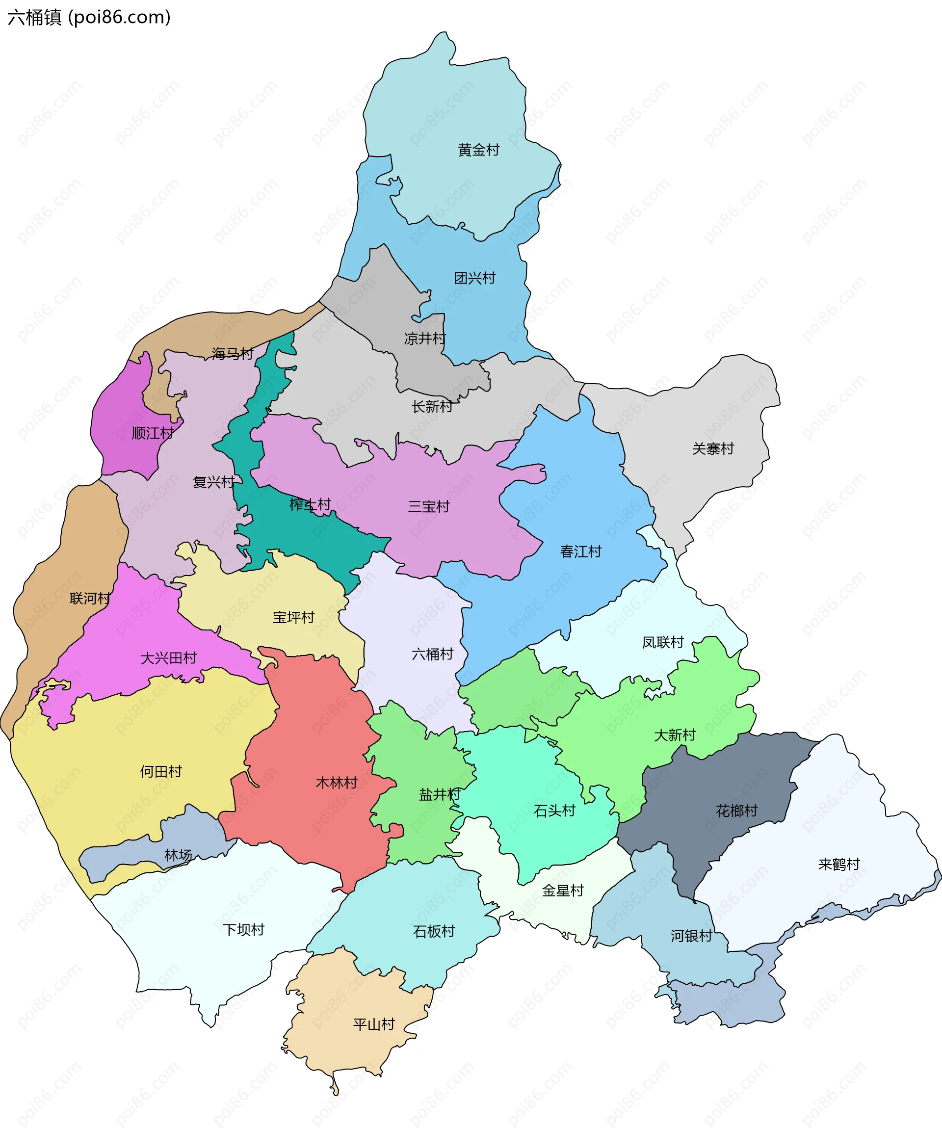 六桶镇边界地图(五级行政区划)