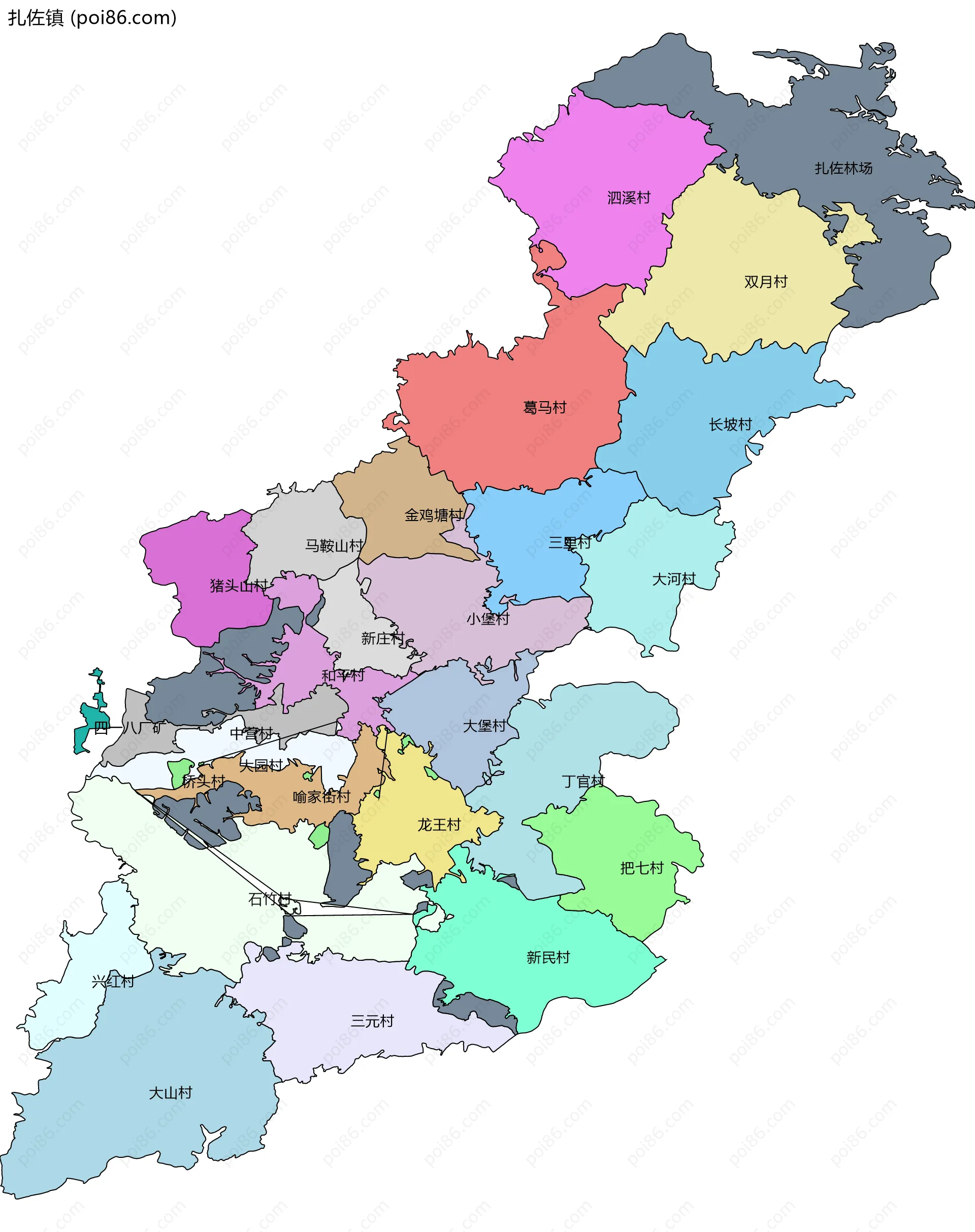 扎佐镇边界地图(五级行政区划)