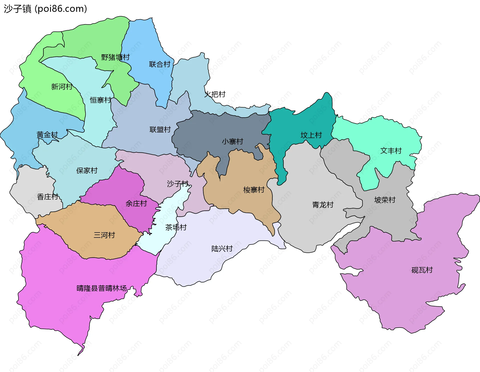 沙子镇边界地图(五级行政区划)