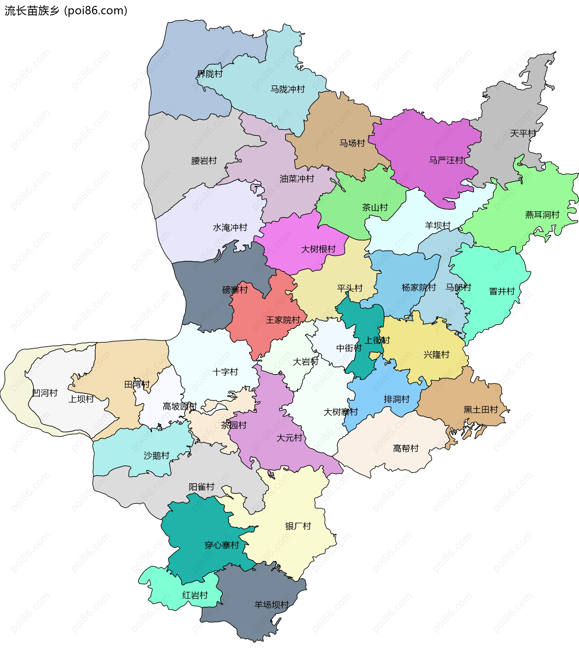 流长苗族乡边界地图(五级行政区划)