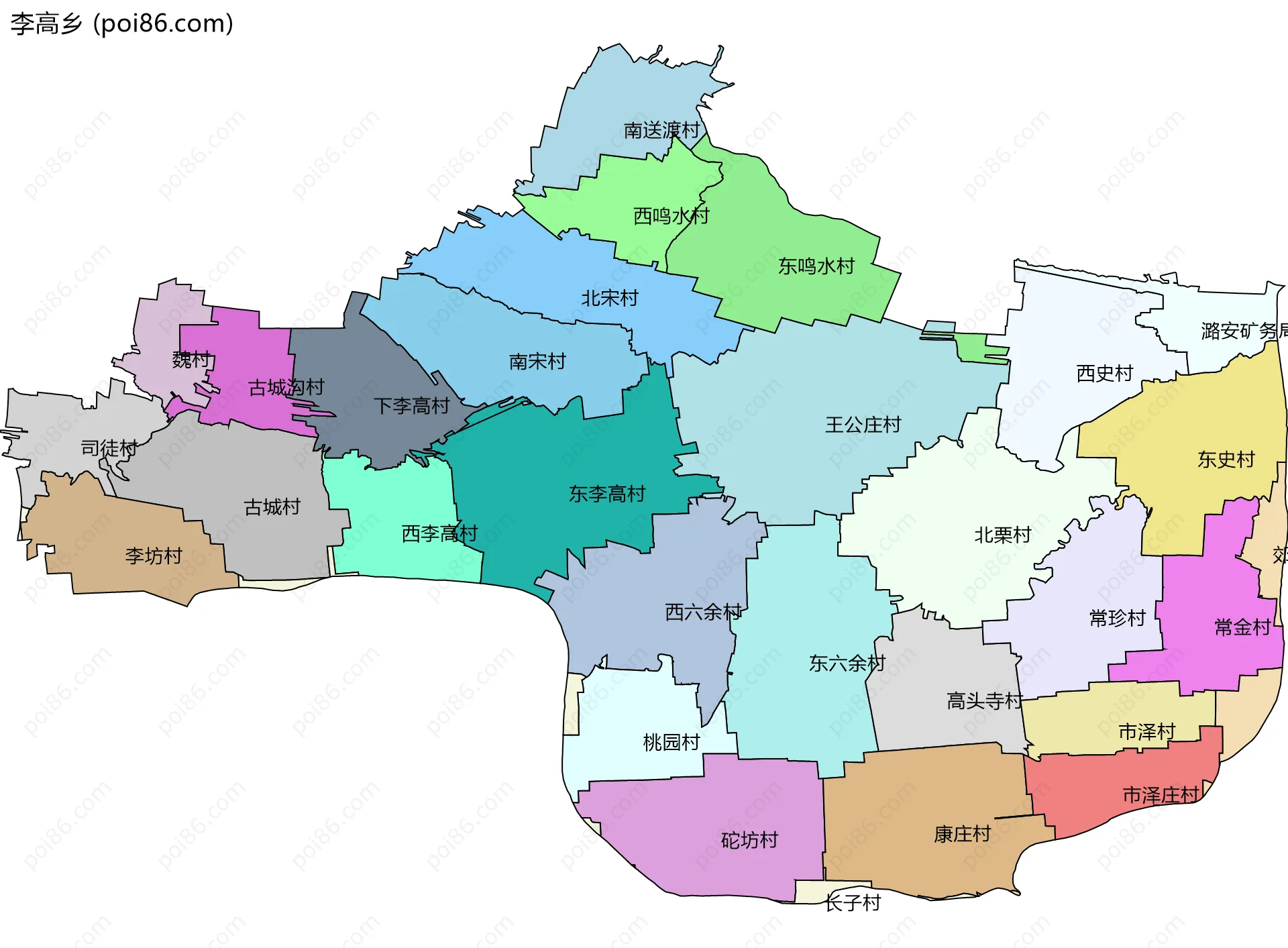 李高乡边界地图(五级行政区划)