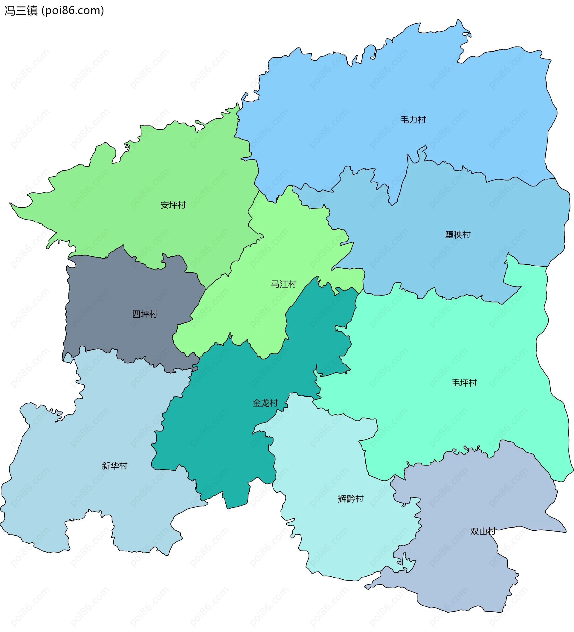 冯三镇边界地图(五级行政区划)