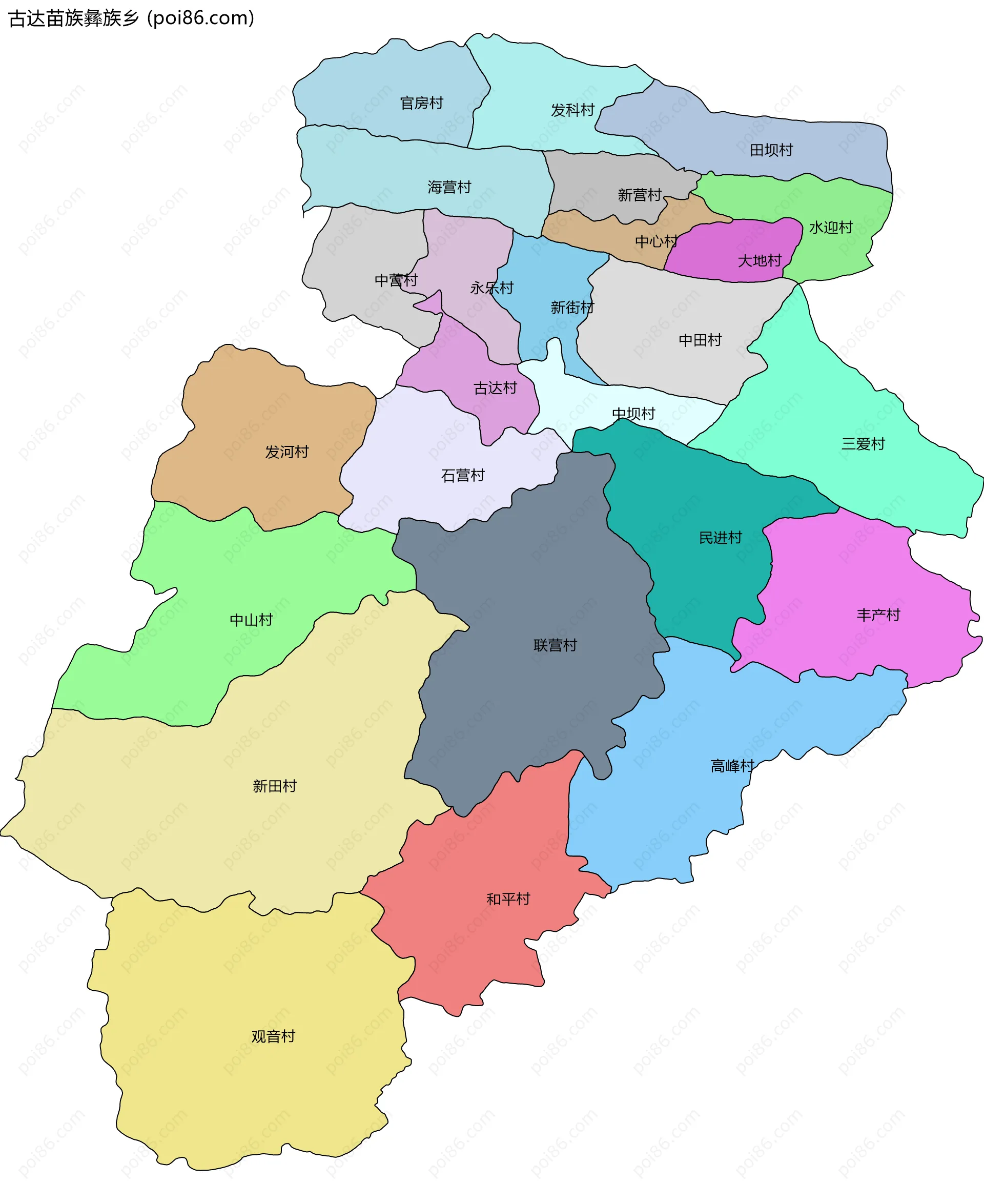 古达苗族彝族乡边界地图(五级行政区划)