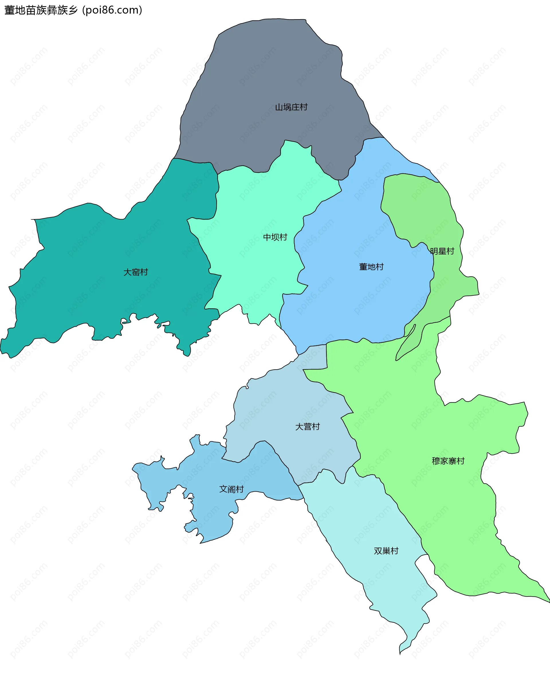 董地苗族彝族乡边界地图(五级行政区划)