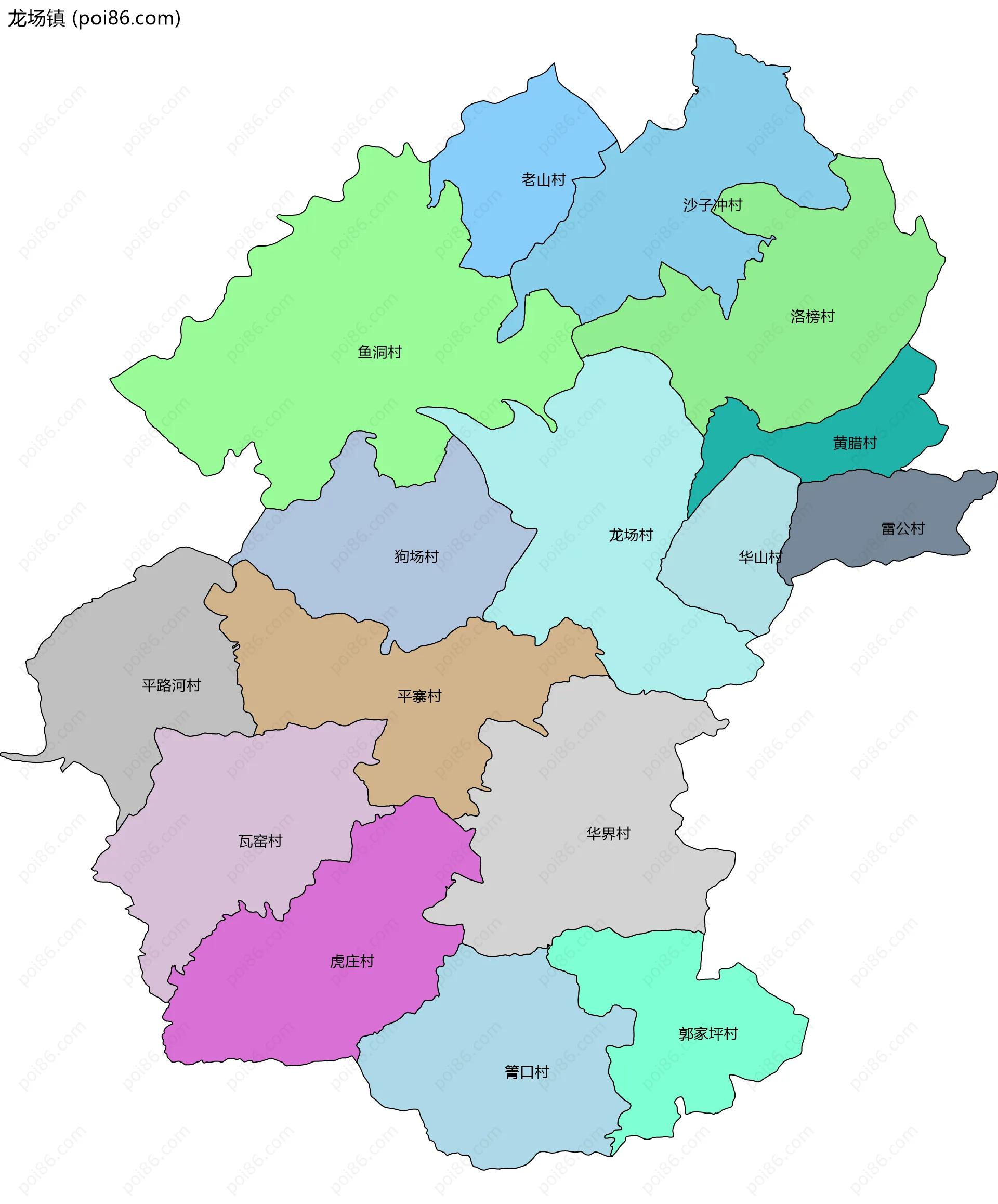 龙场镇边界地图(五级行政区划)