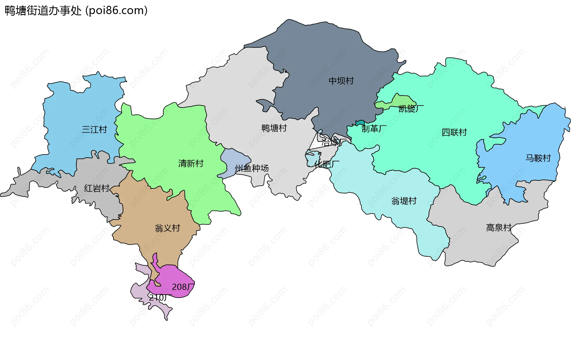 鸭塘街道办事处边界地图(五级行政区划)