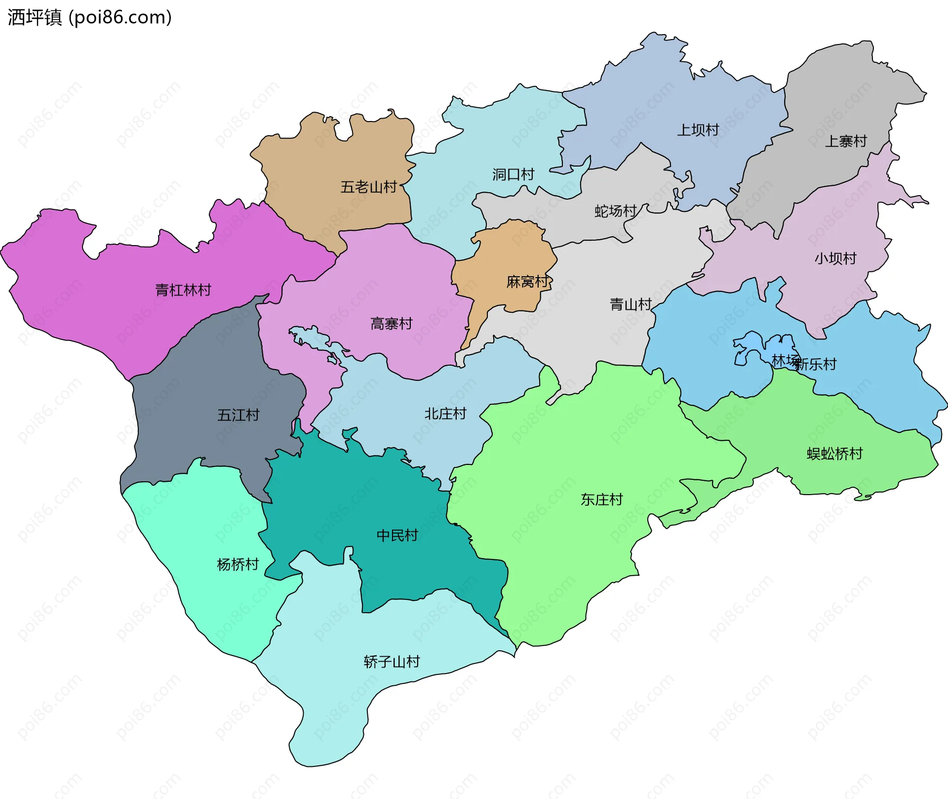 洒坪镇边界地图(五级行政区划)