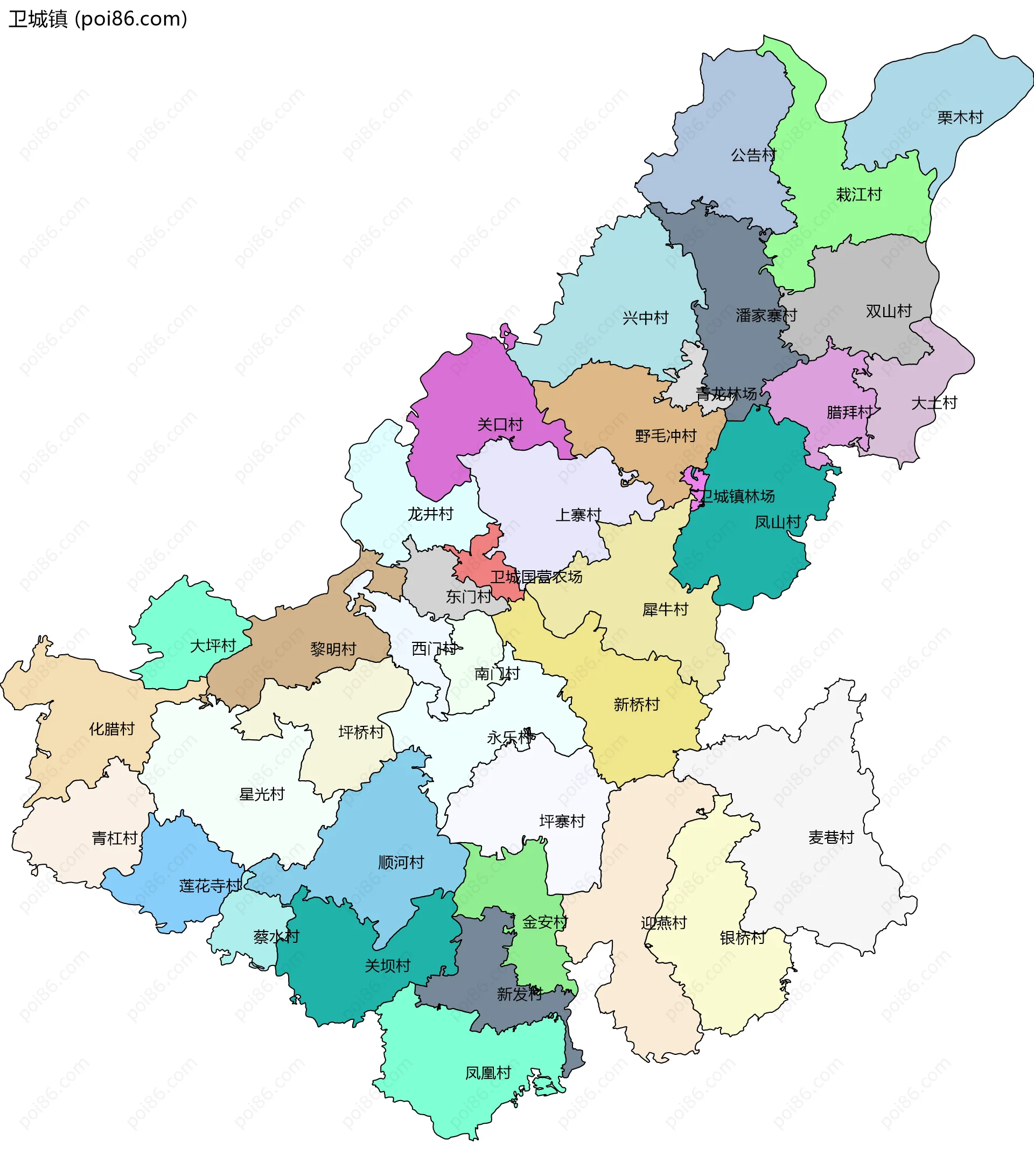 卫城镇边界地图(五级行政区划)