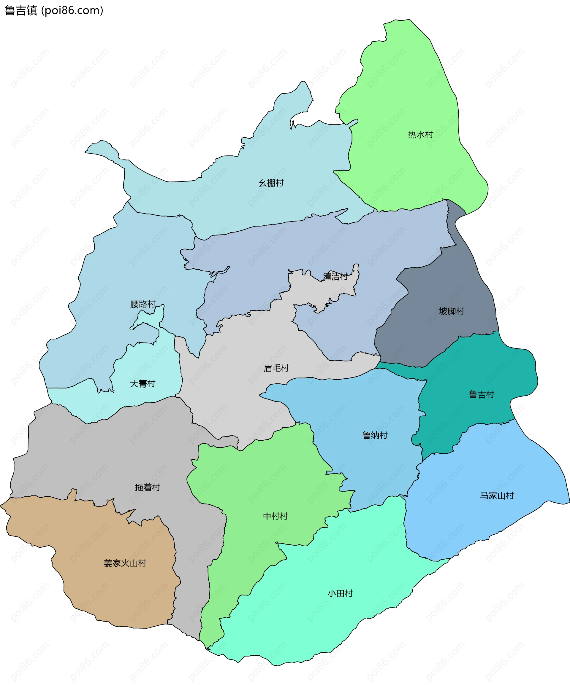 鲁吉镇边界地图(五级行政区划)