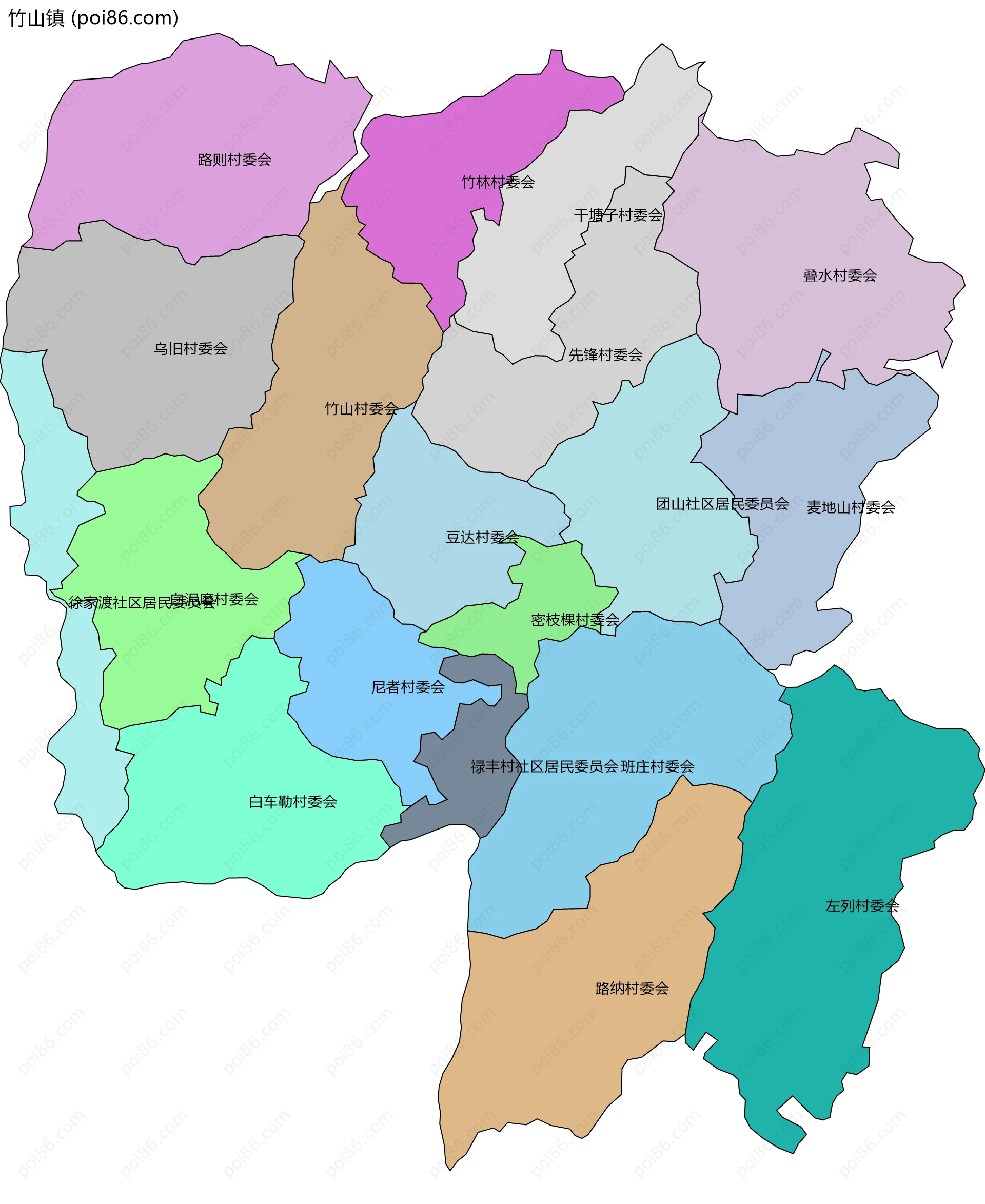 竹山镇边界地图(五级行政区划)