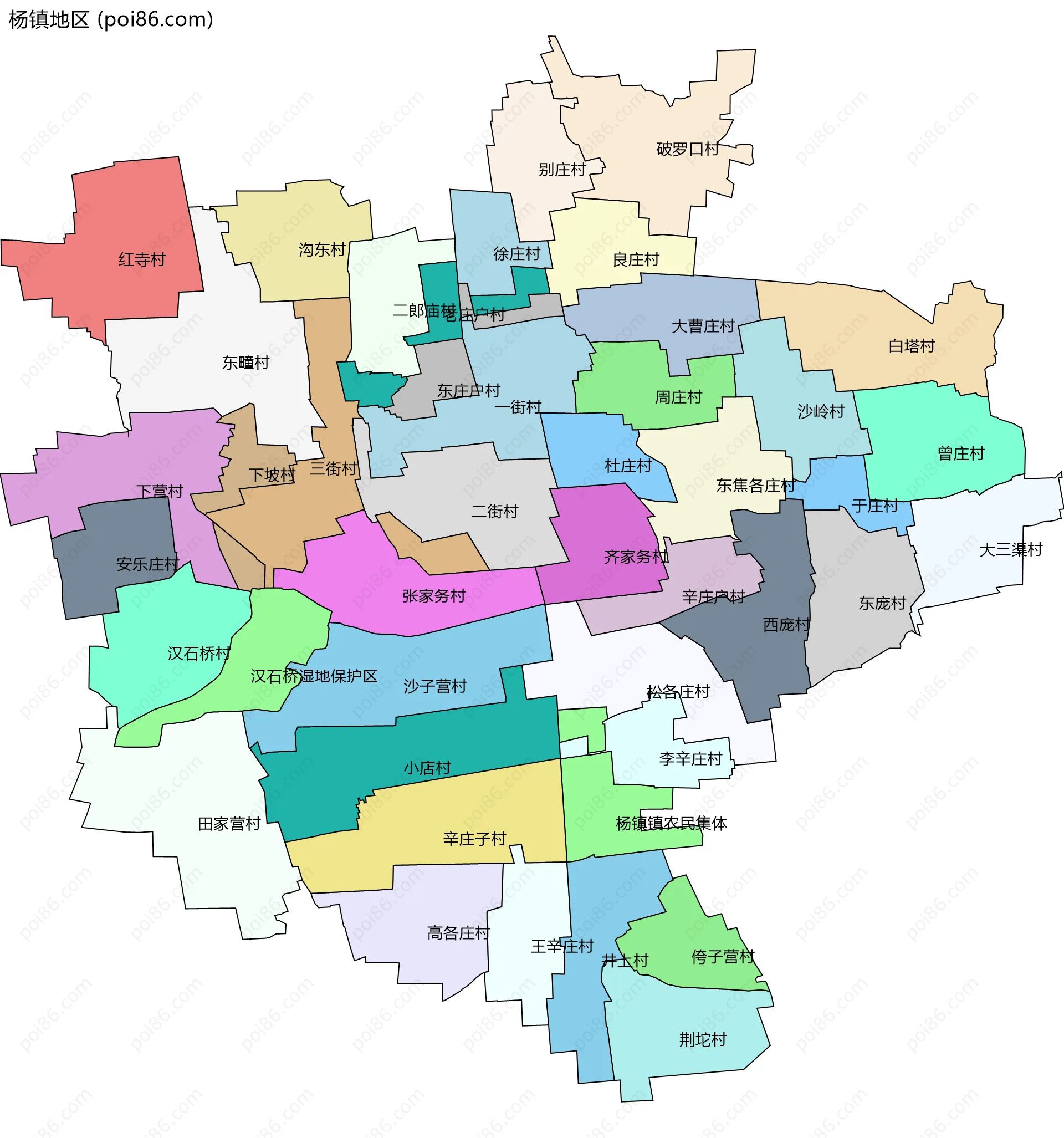 杨镇地区边界地图(五级行政区划)