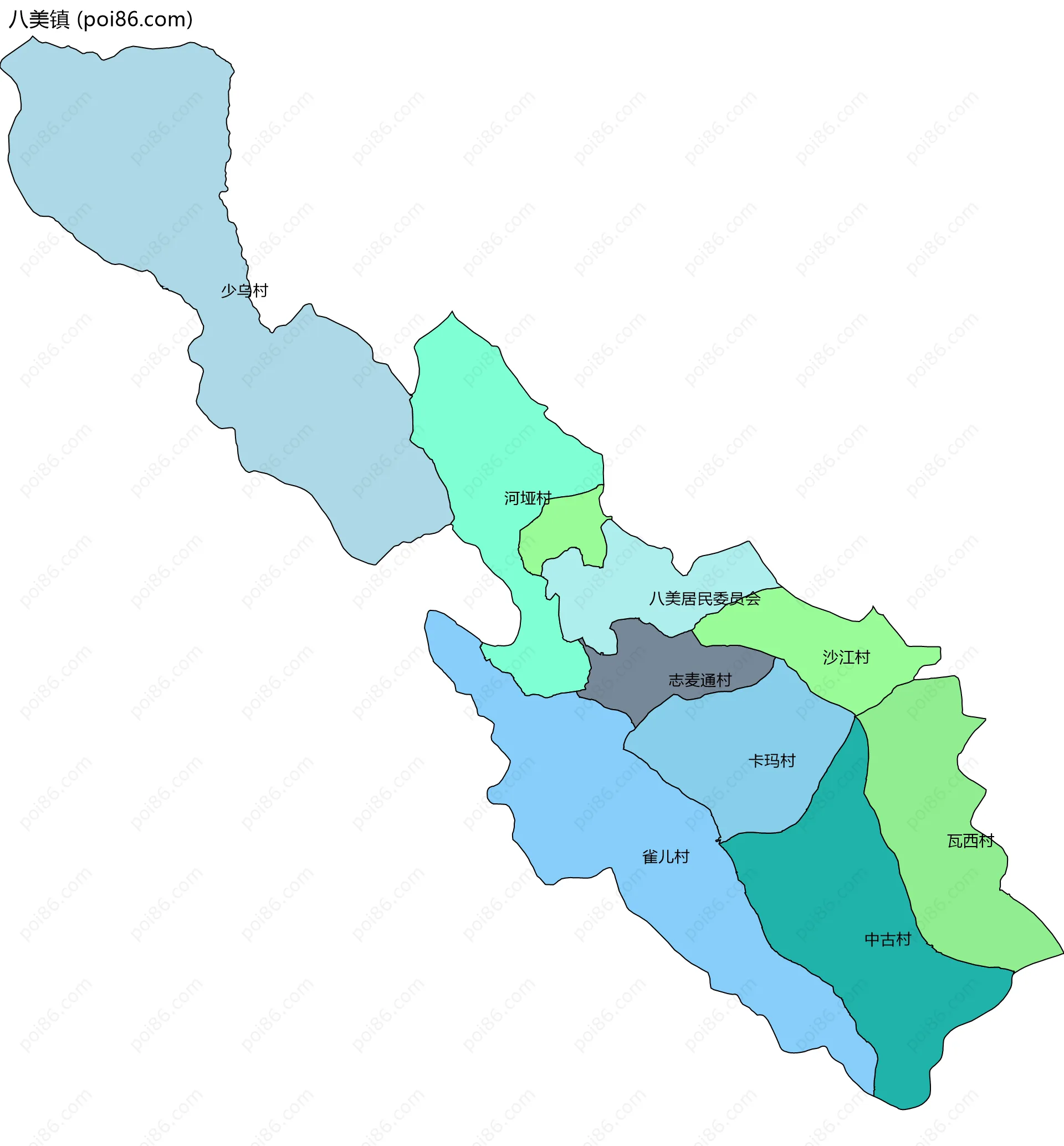 八美镇边界地图(五级行政区划)