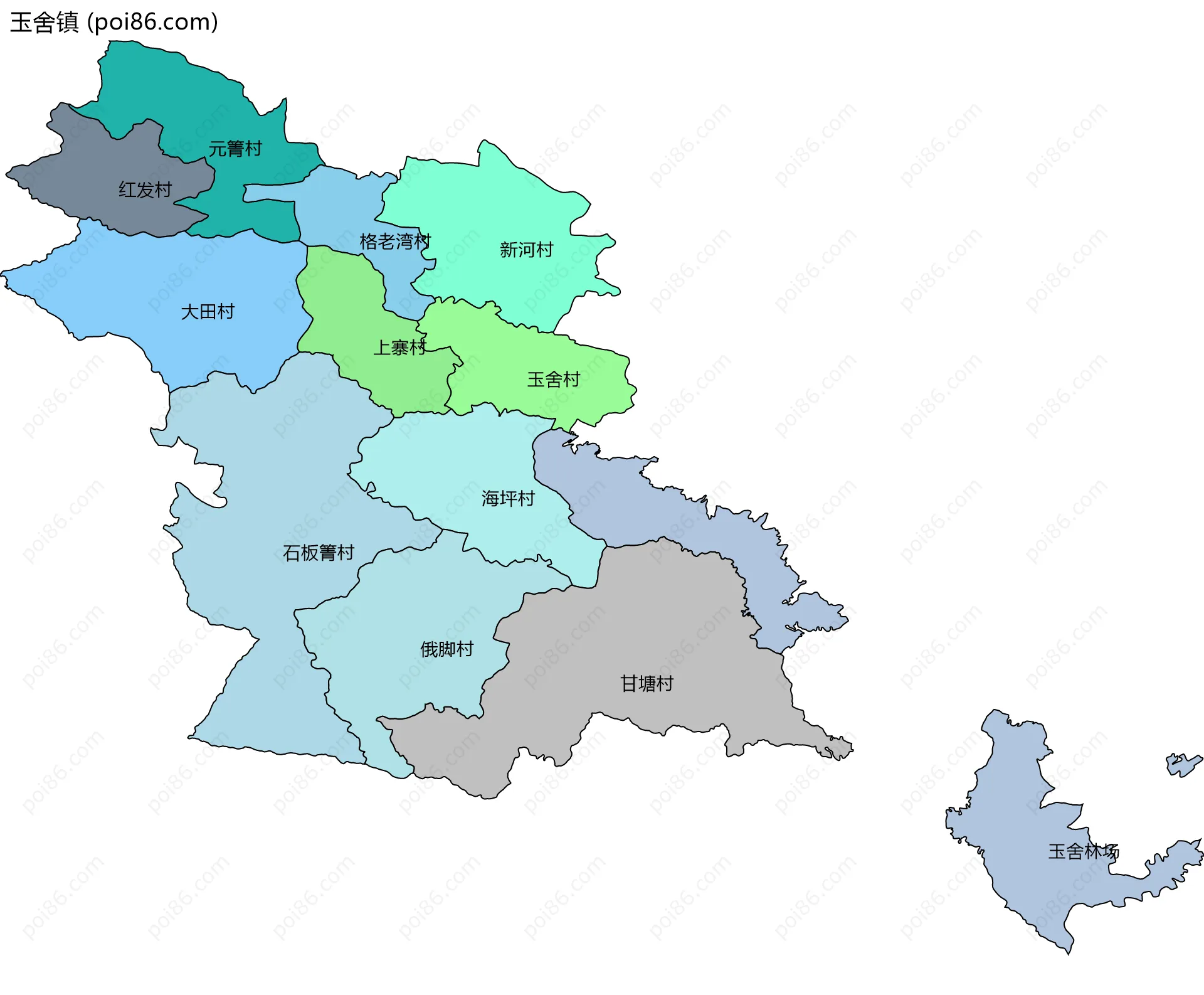 玉舍镇边界地图(五级行政区划)