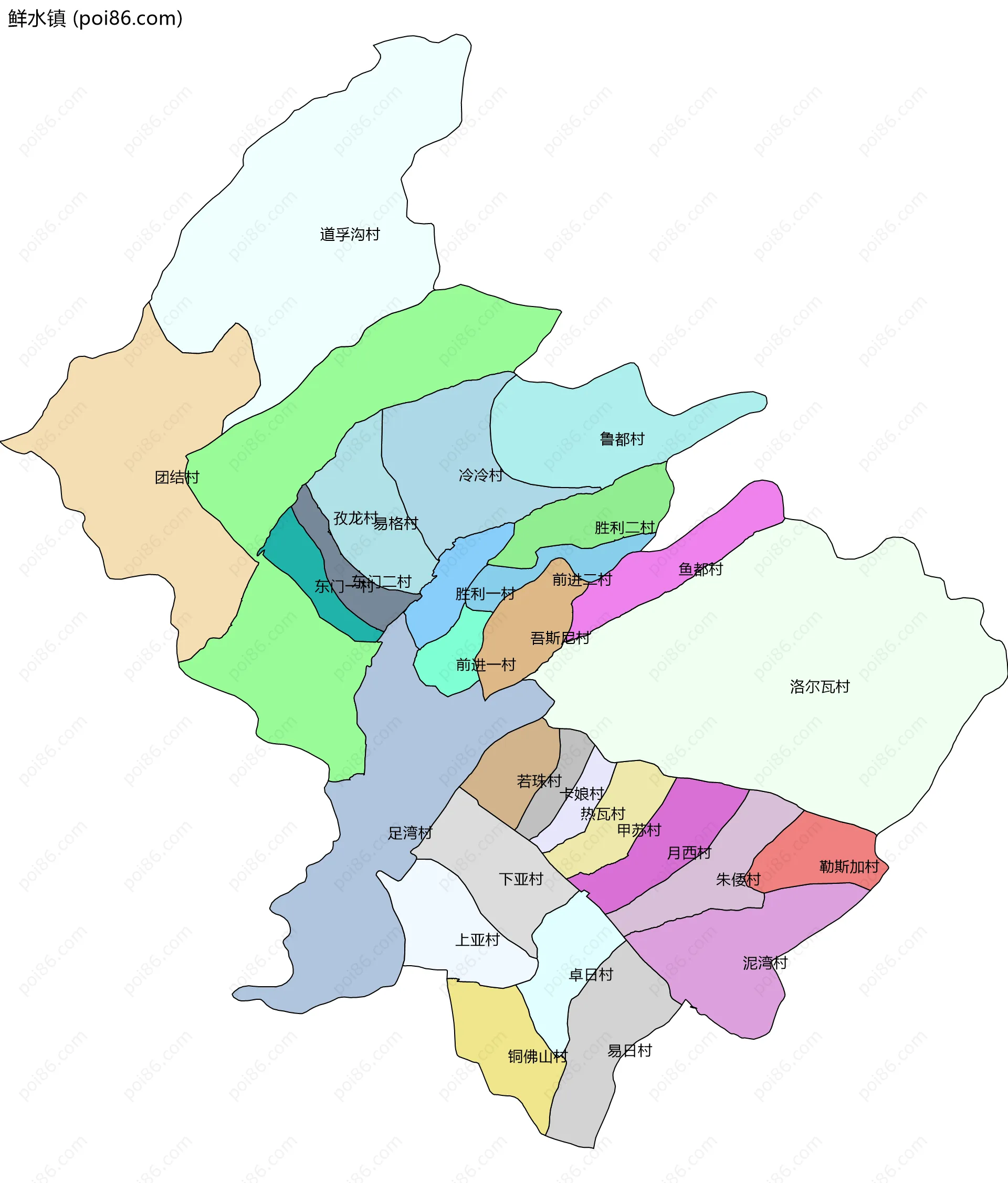 鲜水镇边界地图(五级行政区划)