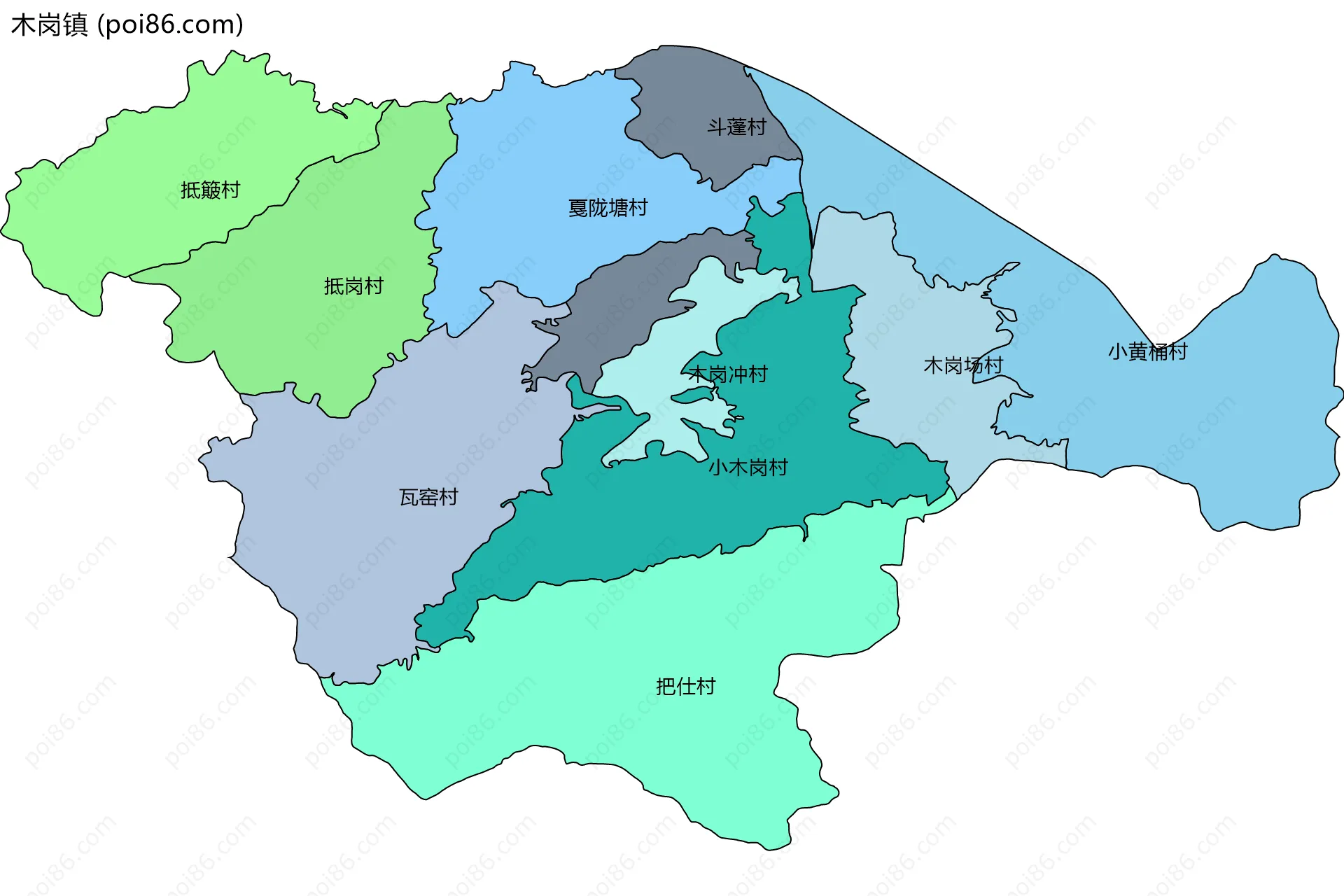 木岗镇边界地图(五级行政区划)