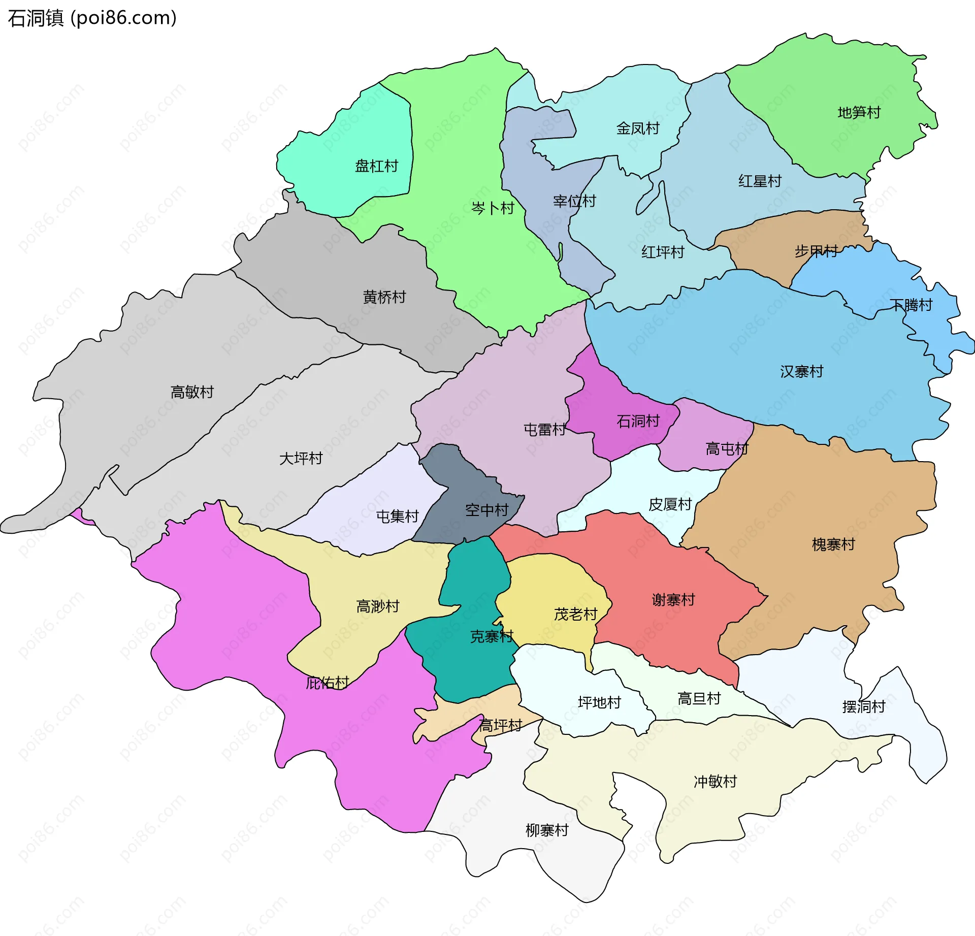 石洞镇边界地图(五级行政区划)