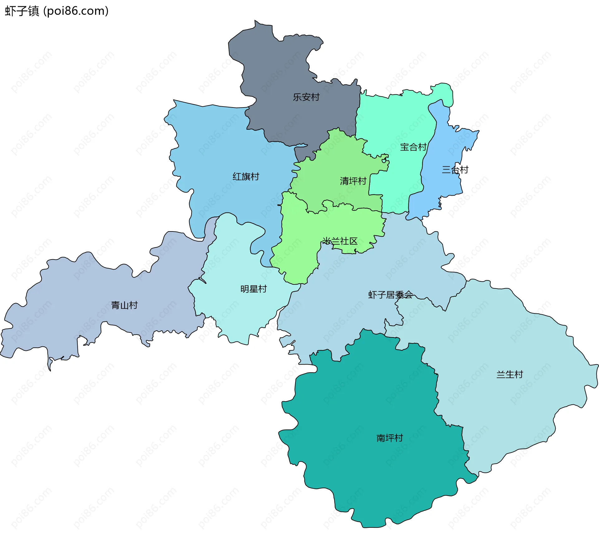 虾子镇边界地图(五级行政区划)