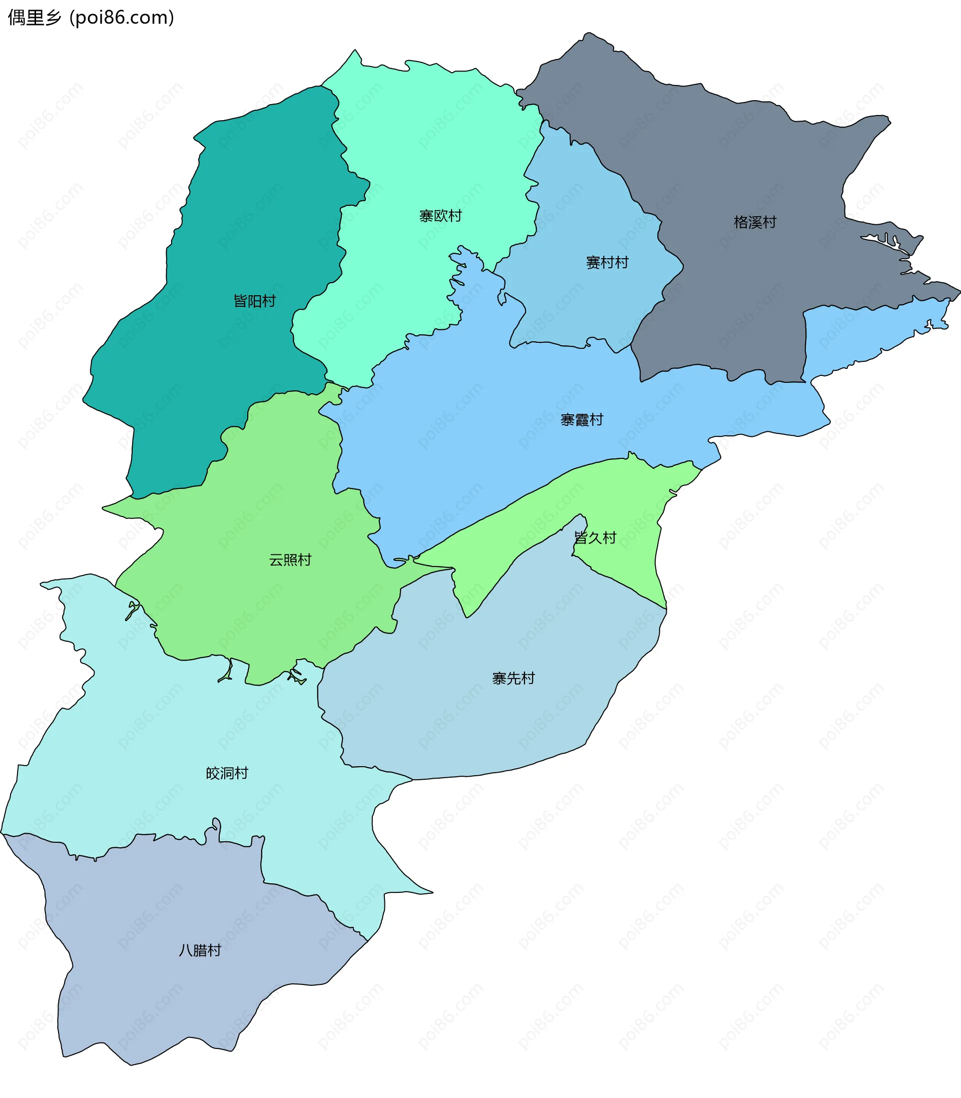 偶里乡边界地图(五级行政区划)