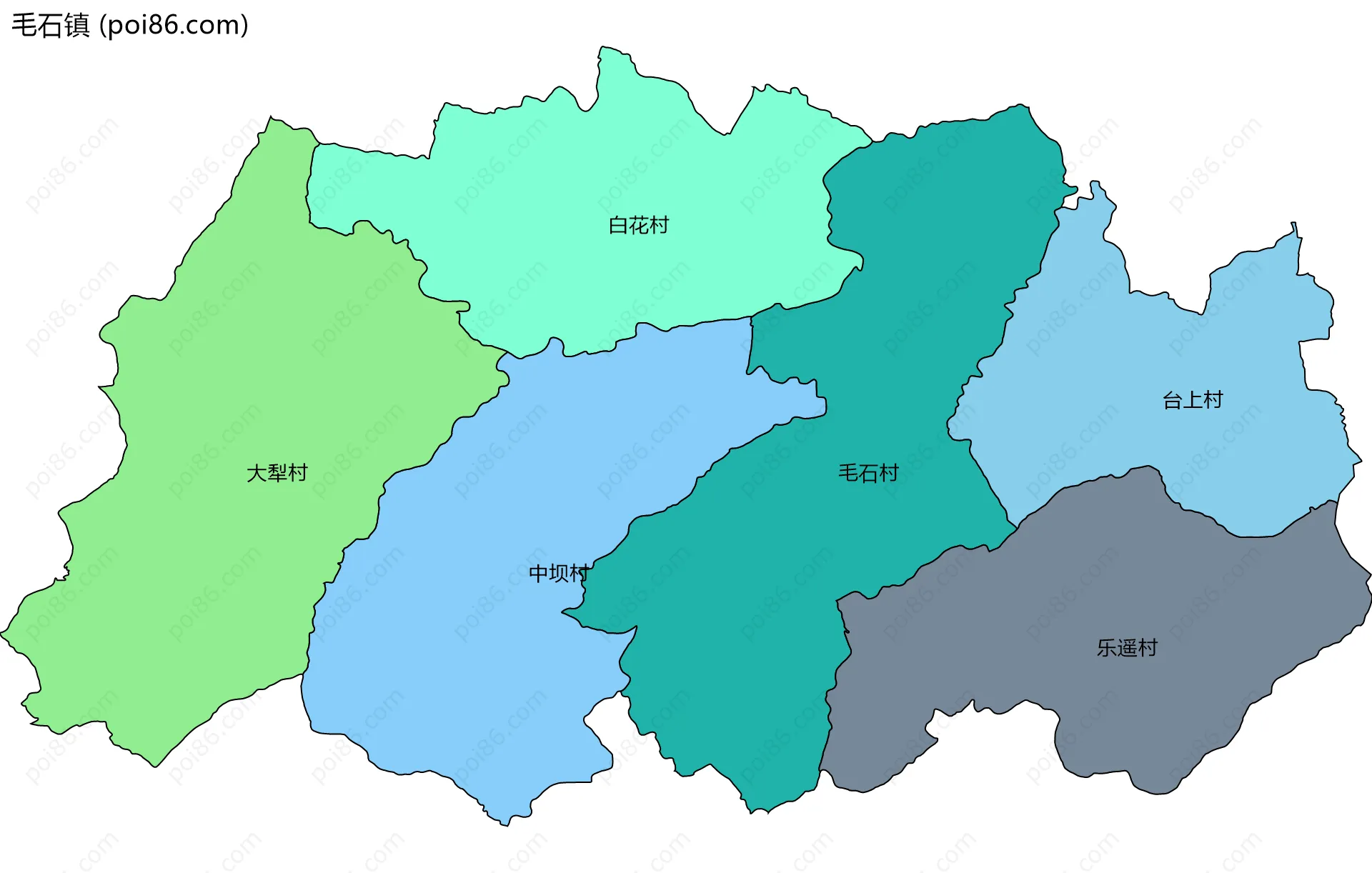 毛石镇边界地图(五级行政区划)
