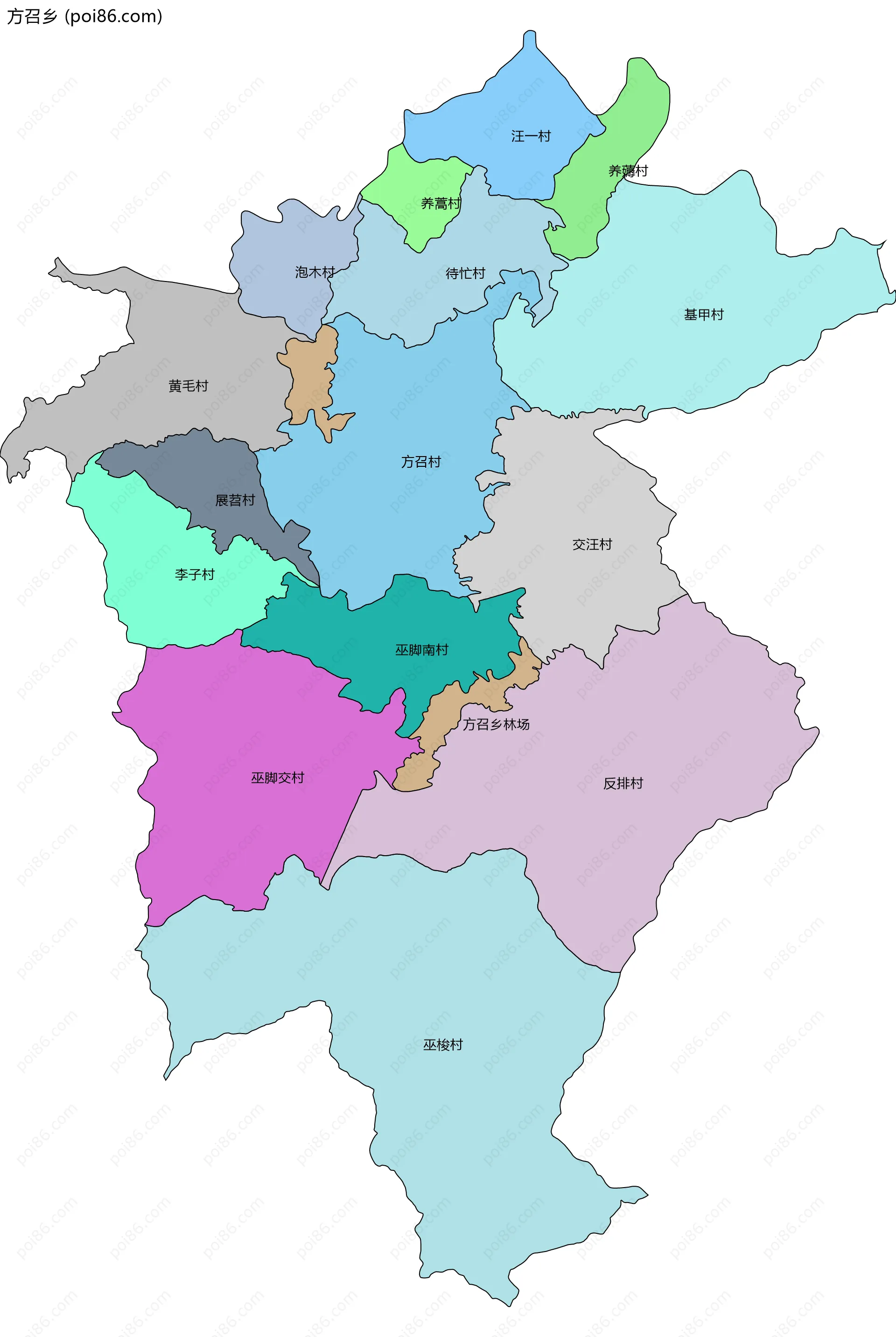 方召乡边界地图(五级行政区划)