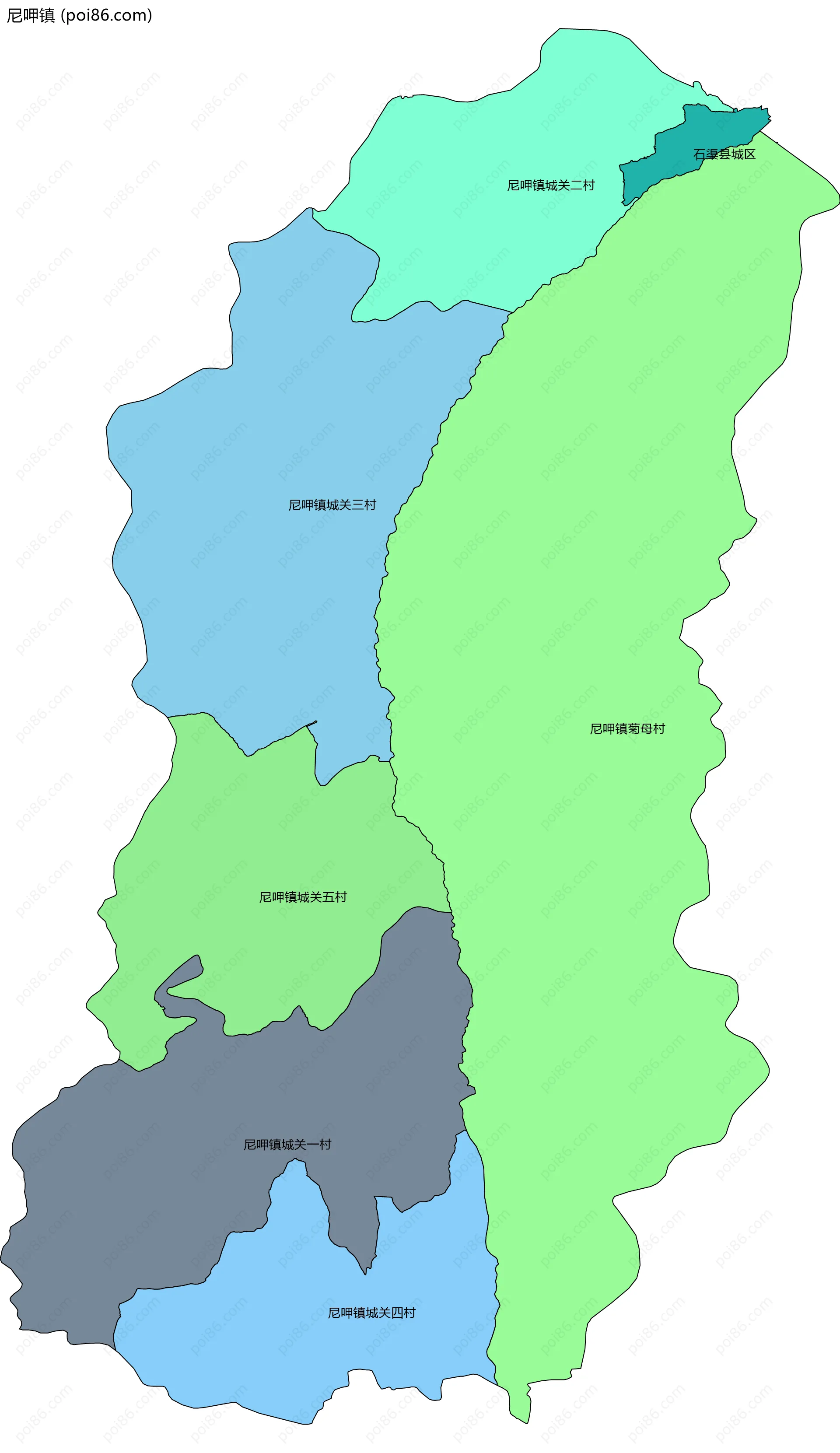 尼呷镇边界地图(五级行政区划)