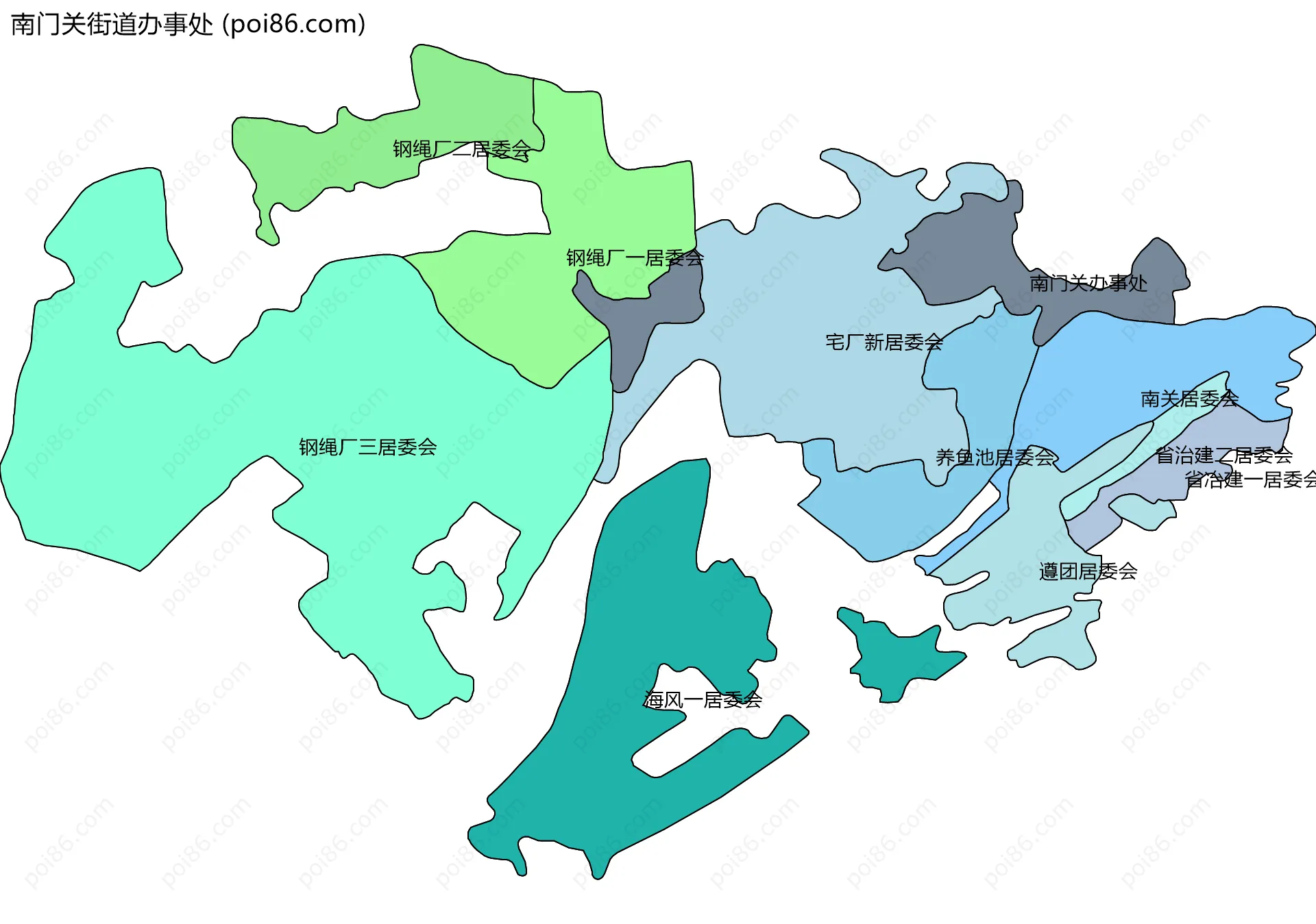 南门关街道办事处边界地图(五级行政区划)