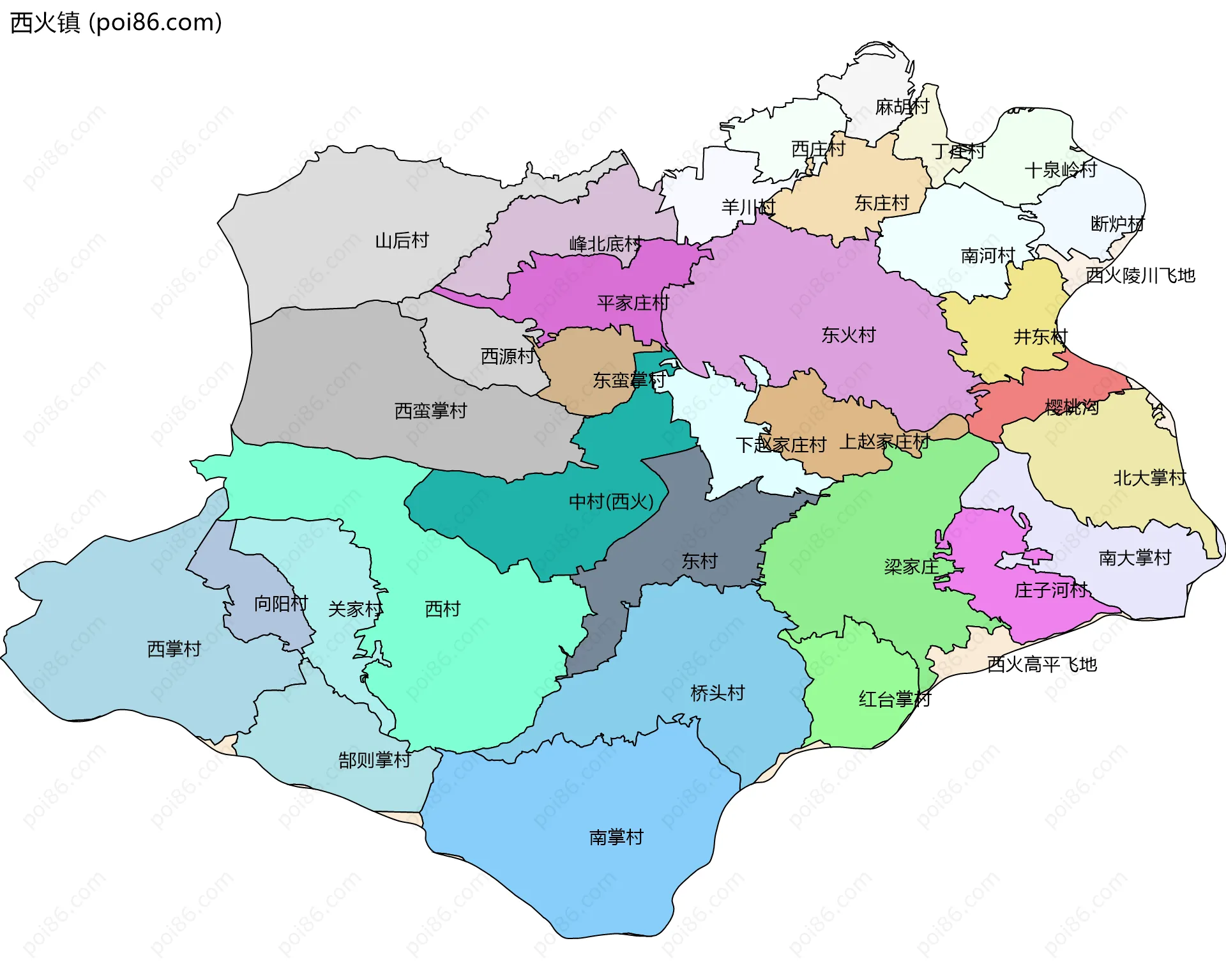 西火镇边界地图(五级行政区划)