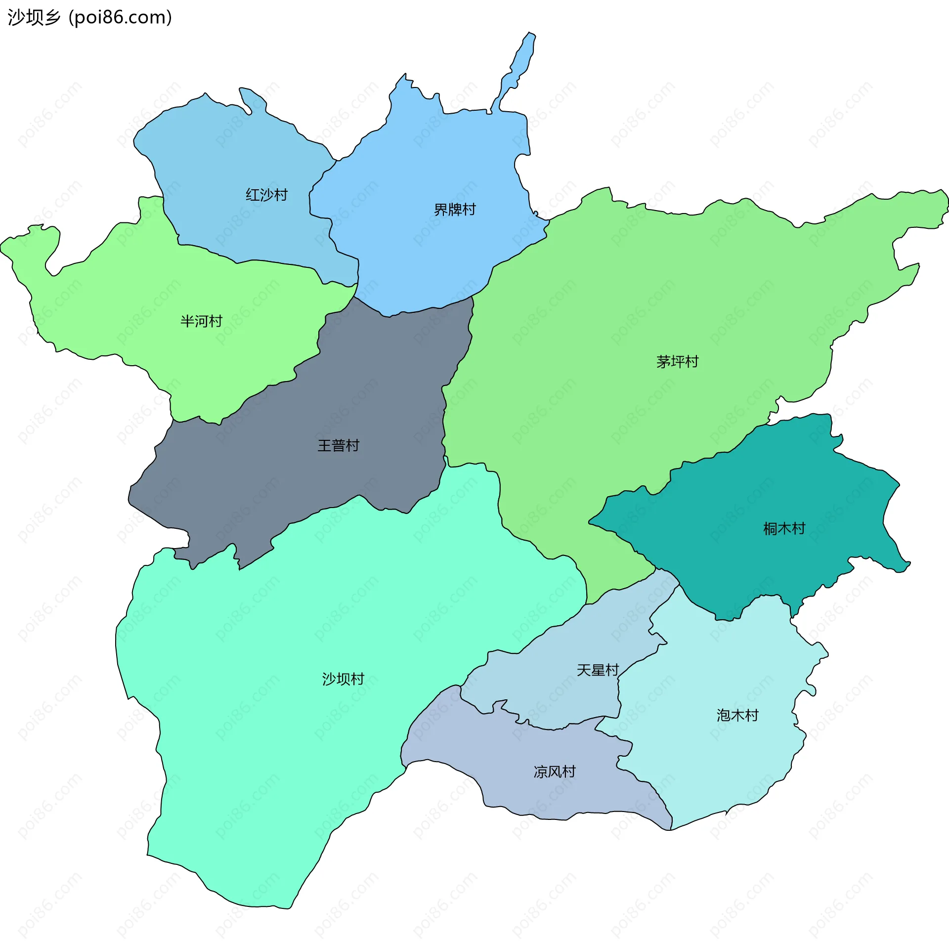 沙坝乡边界地图(五级行政区划)