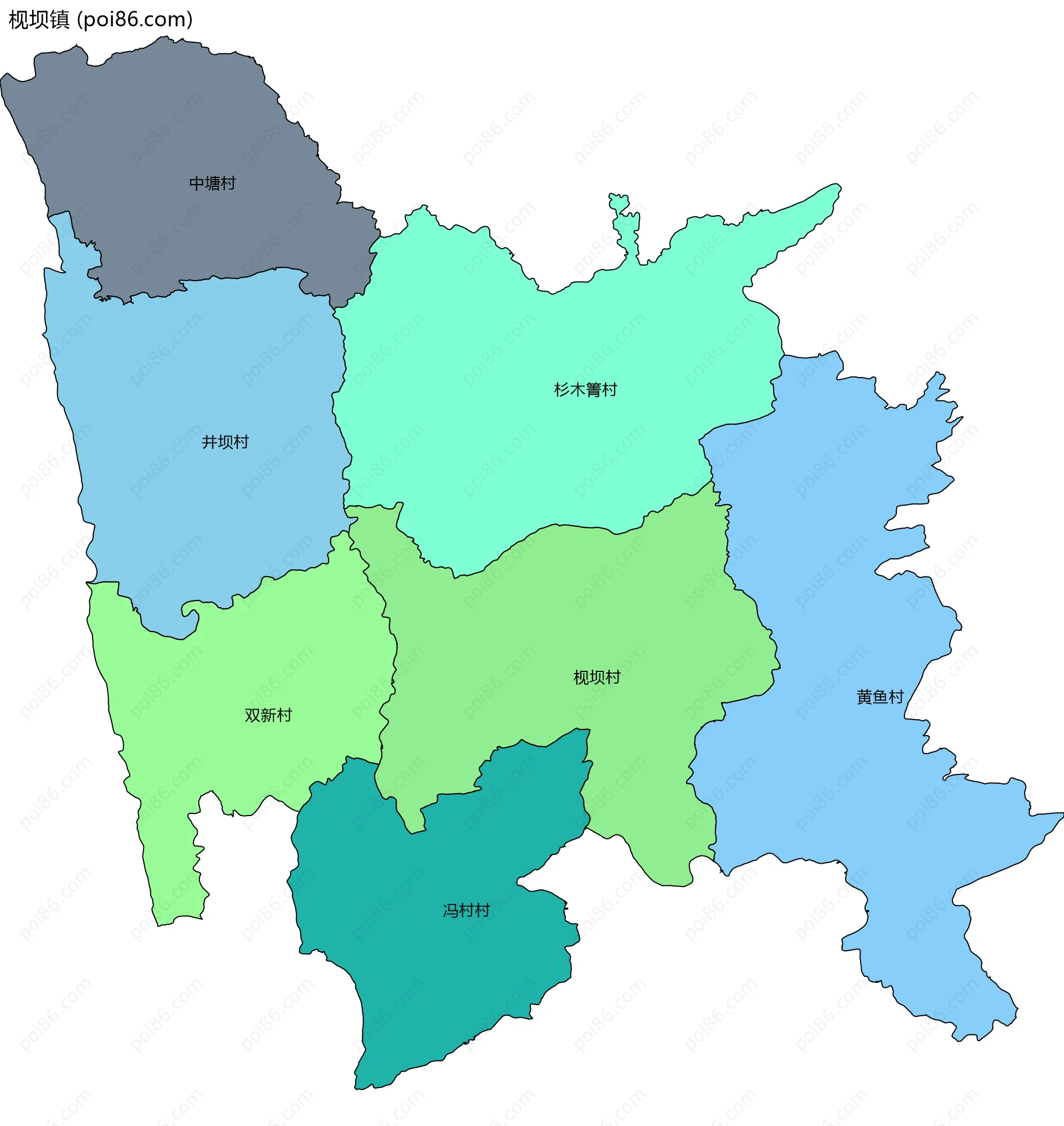 枧坝镇边界地图(五级行政区划)