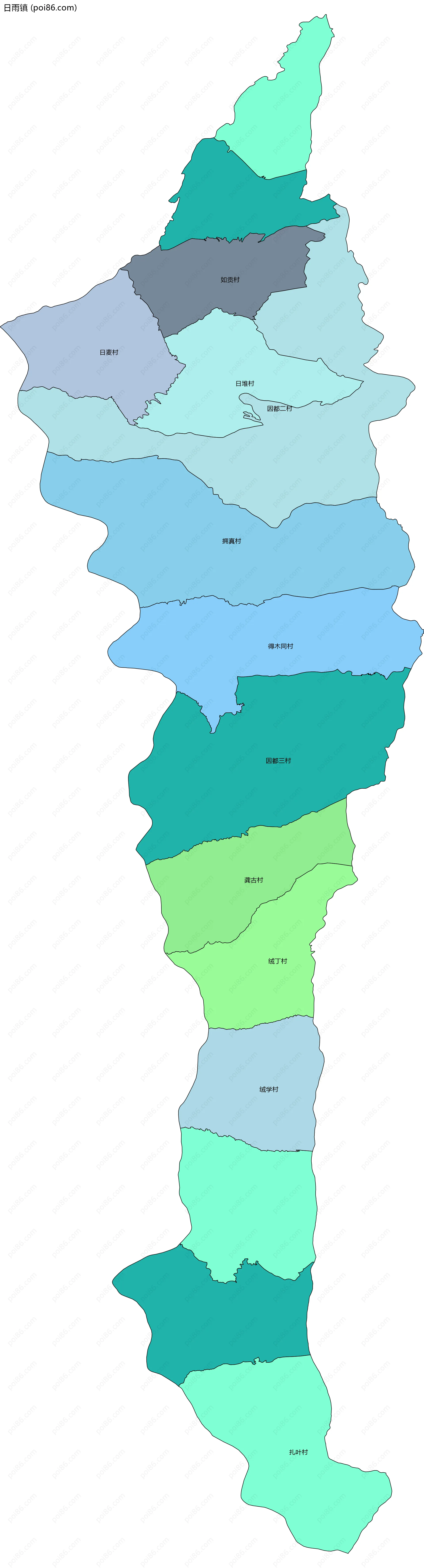 日雨镇边界地图(五级行政区划)