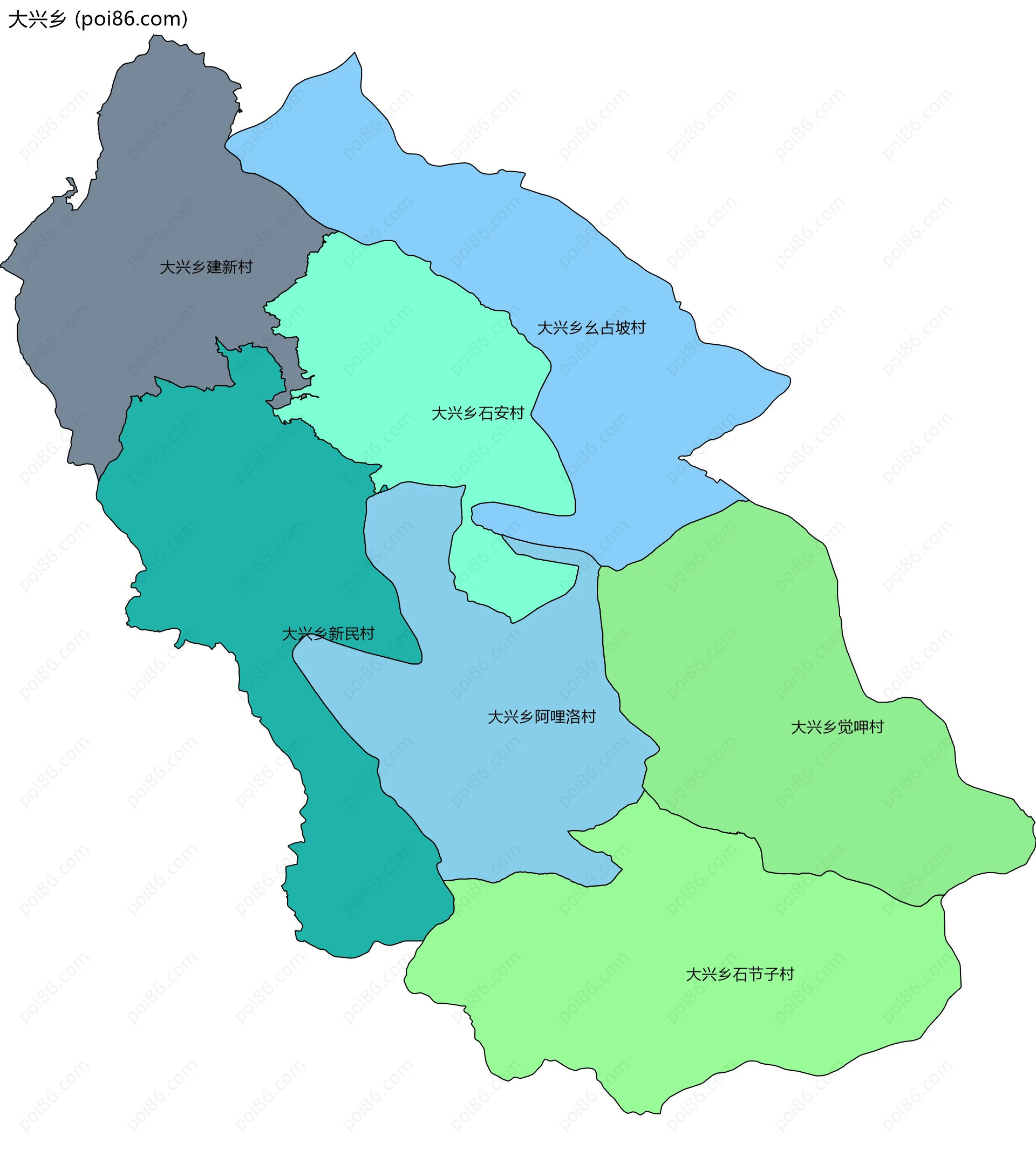 大兴乡边界地图(五级行政区划)