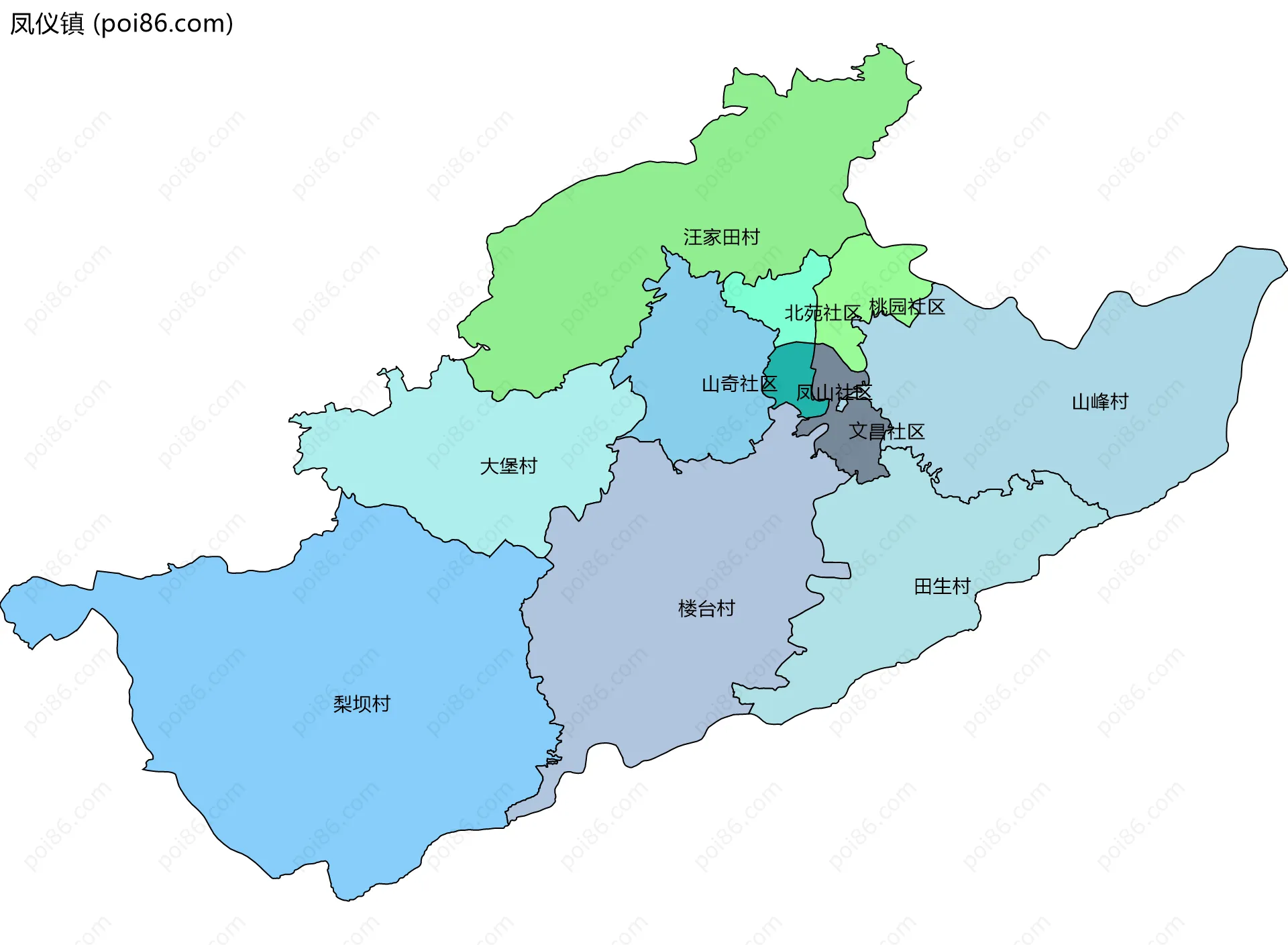 凤仪镇边界地图(五级行政区划)